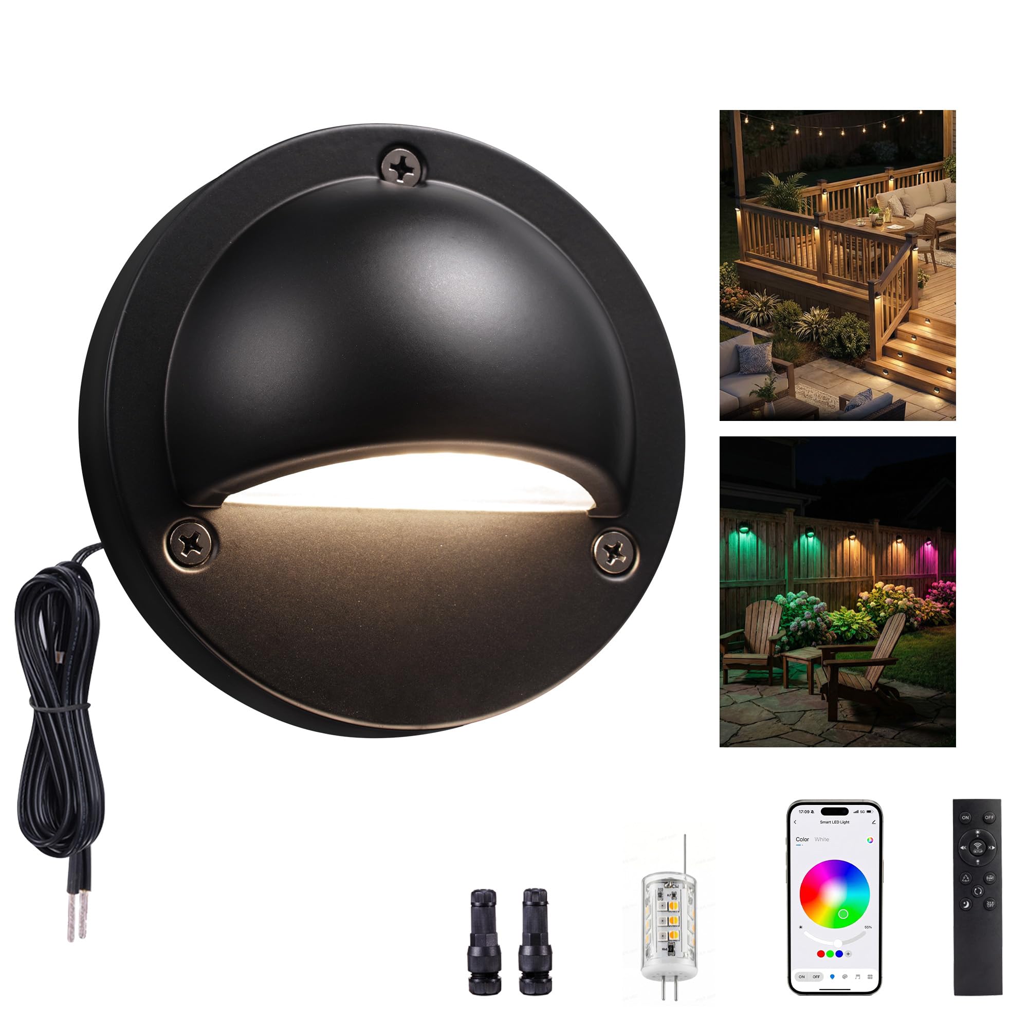 Low Voltage RGBCW Black Deck Light, 12V Bluetooth Mesh Smart Outdoor Landscape Lighting with App &amp; Remote Control, Replaceable G4 Bulb, IP65 Waterproof Aluminum for Step Stair Fence, 1 Pack