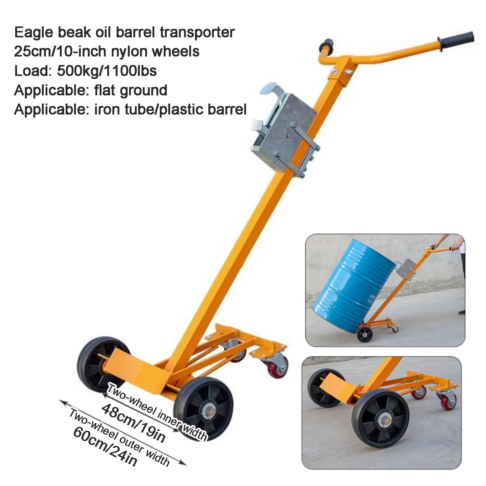 Carrello per Fusti di Petrolio, Carrello in Acciaio Inclinabile, con Ruote in Nylon, con Gancio per Campanello e Barra di Supporto, per Uso Industriale