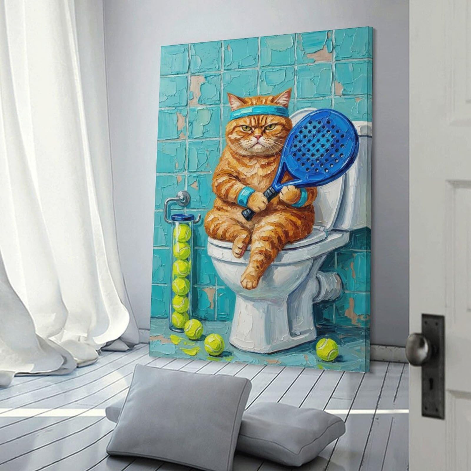 Junmoney Frame-Style-9 Home Decor Wall Art Grumpy Cat Tennis Player On Toilet, 20X30inch(50X75cm), For Bedroom Decor, Cosy Corners Or Studios, Decorative Wall Art For Cosy Rooms