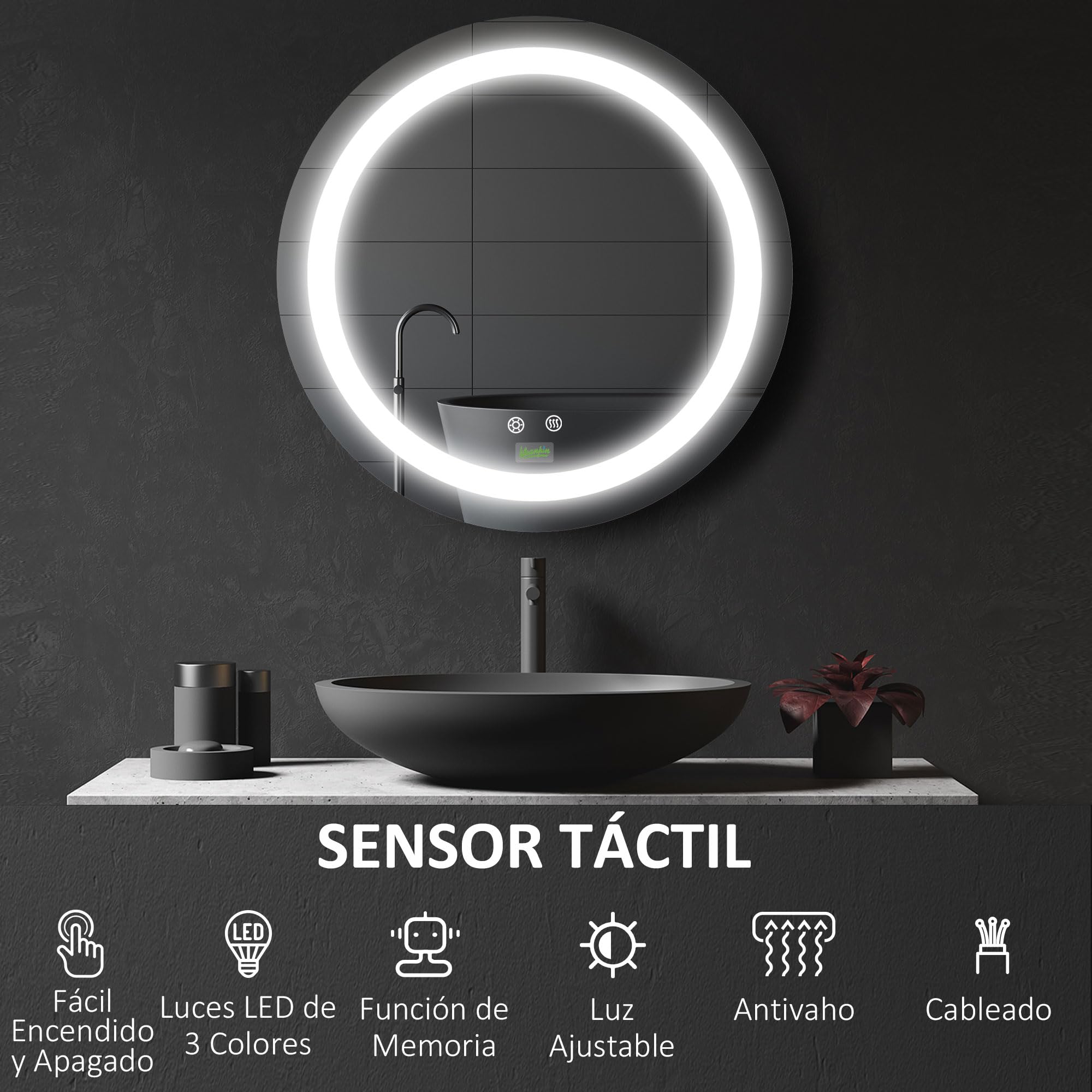 kleankin Espejo de Baño con Luz LED Redondo Ø50x4,6 cm Plata | De Pared, Interruptor Táctil, 3 Luces Ajustables, Función de Memoria, Antivaho, Marco de Aluminio, Pequeño
