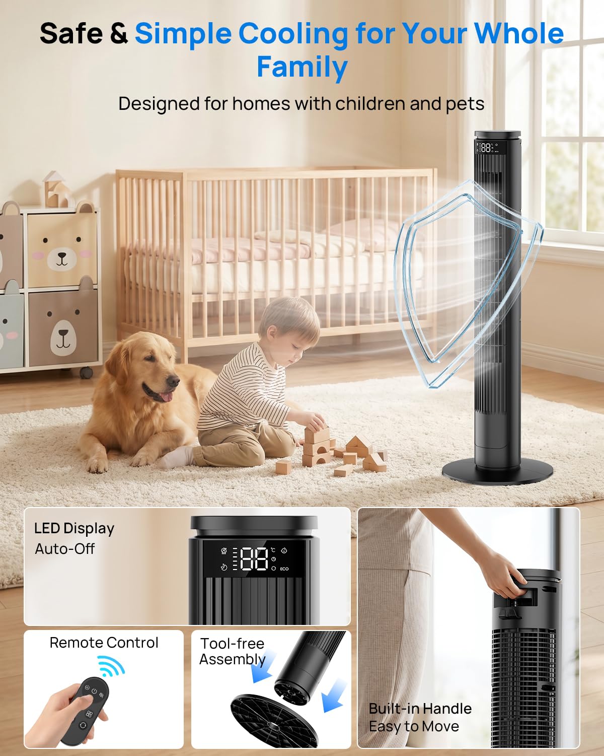 Ventilateur Colonne Silencieux, Ventilateur Tour avec Télécommande & Écran LED, 5 Modes Intelligents & 6 Vitesses, Oscillation 70°, Minuterie 12H, Mode ÉCO Économe – Idéal pour Salon, Chambre, Bureau