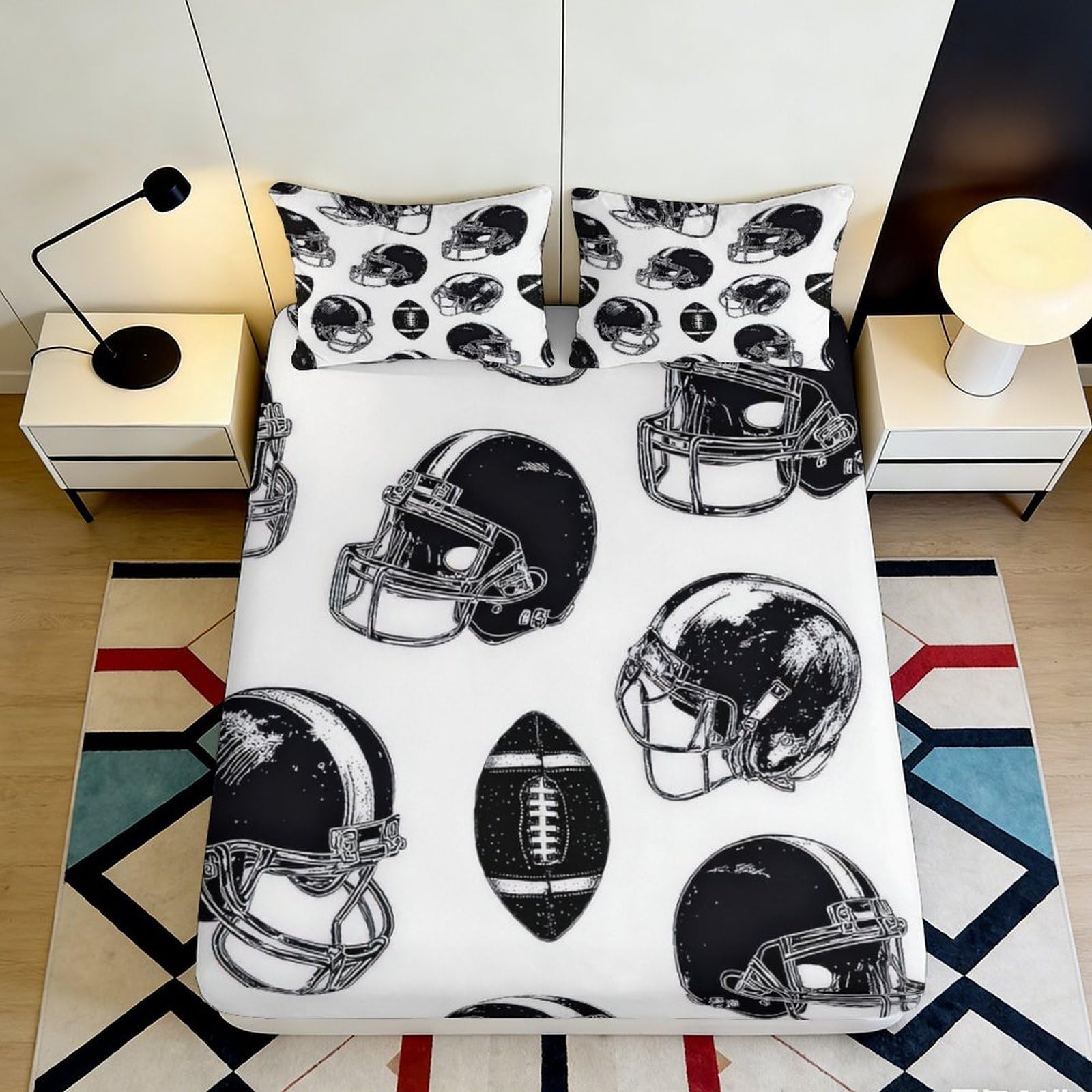 3D Printed American Football Helmet Fitted Sheet Microfiber Soft Durable Football Ball Bed Cover for Bedroom Dormitory Guest Room Mattress Protection 120x200x25cm