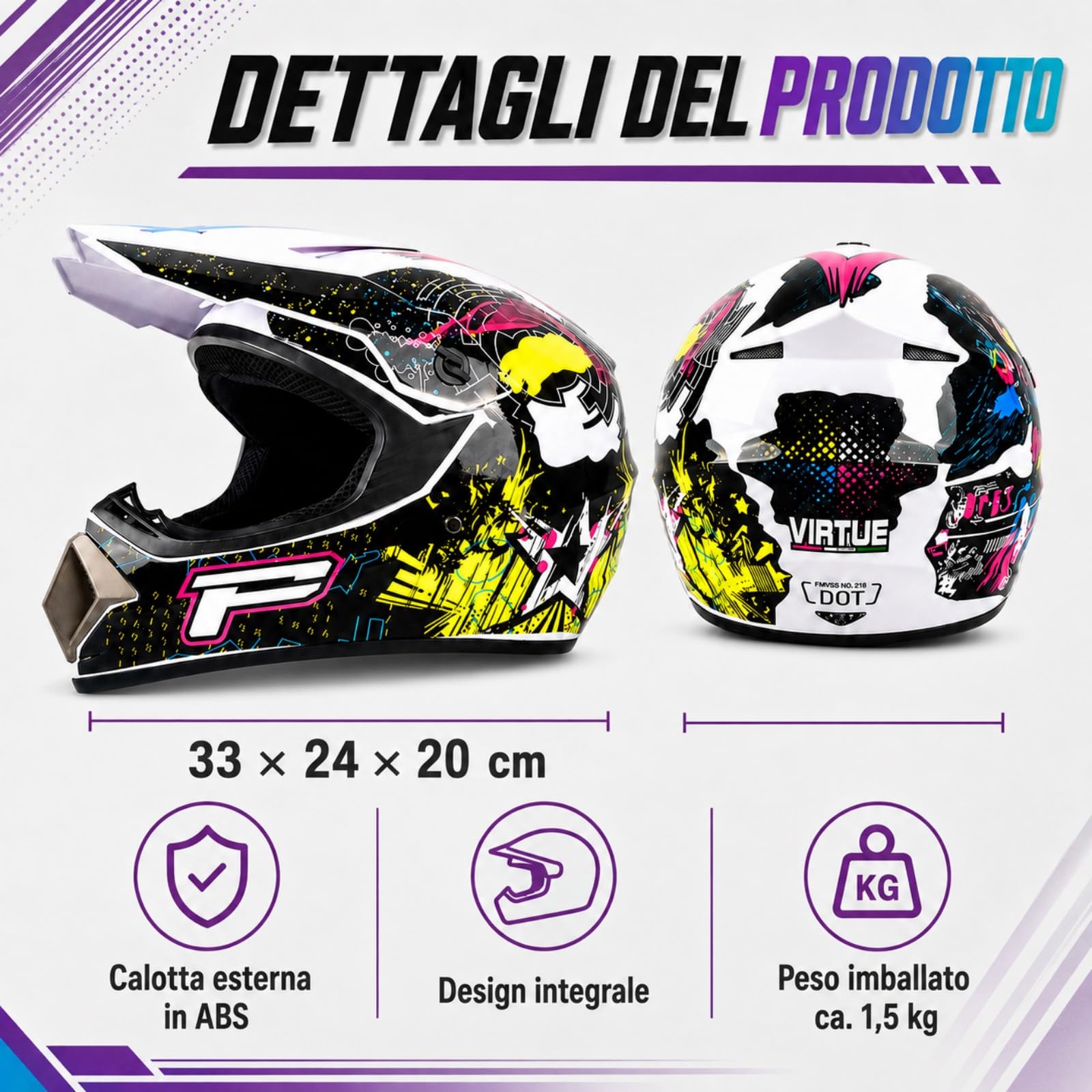 Casco Cross bianco, nero e giallo con Occhiali e Guanti