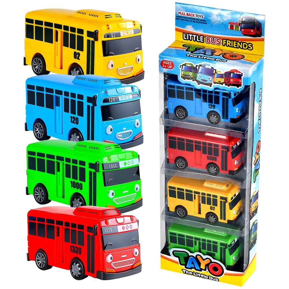Spiritzohic Bus Car, 4PCS Bus Model Play Vehicles Car Pull Back Vehicle Alloy Diecast Vehicle Mould Pull-Back Bus Cars Model Mini Friction Powered City Play Vehicles Gift for Birthday Carnival