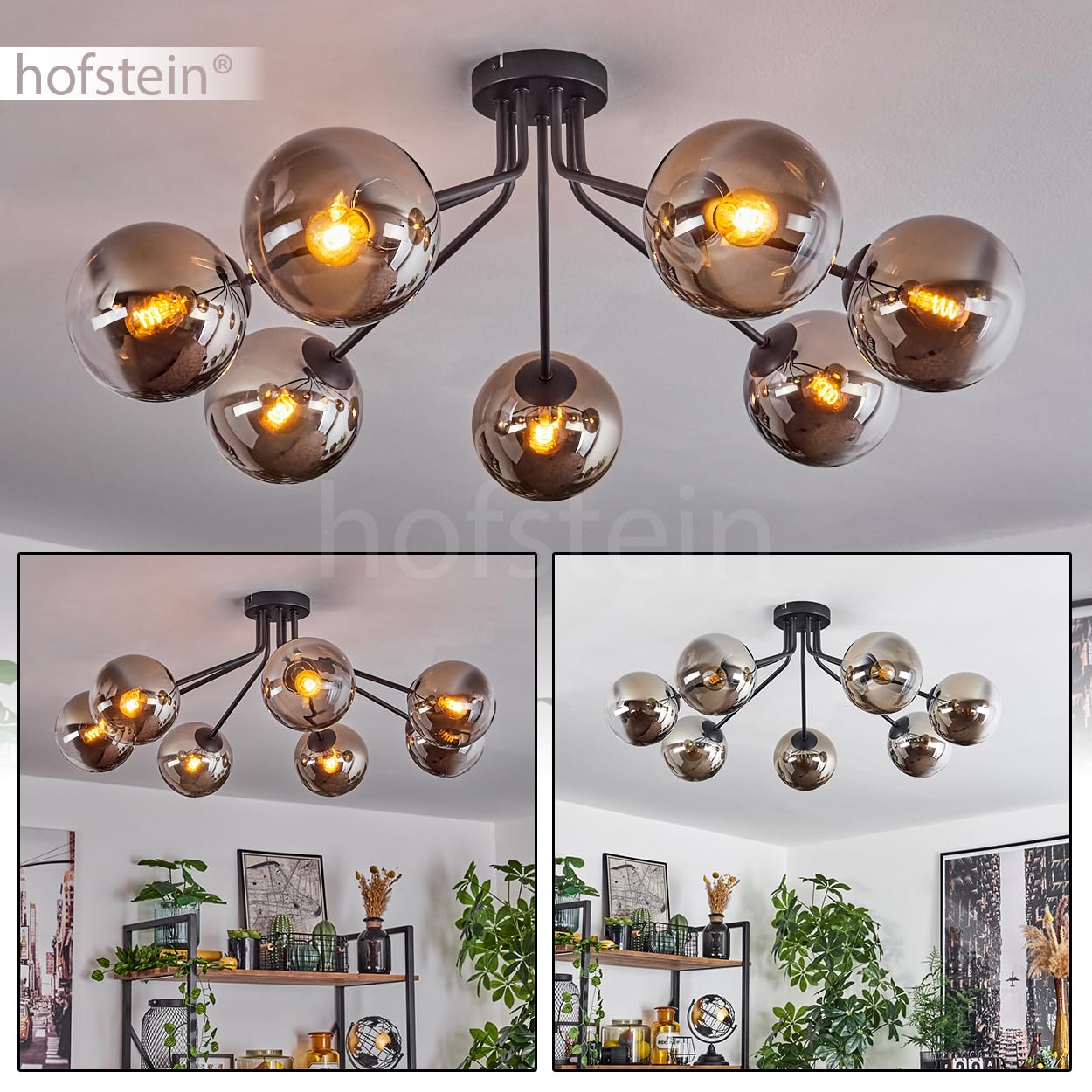 HOFSTEIN Deckenleuchte Gastor - 5-flammige Retro-Lampe In Schwarz Mit Bunten Glasschirmen