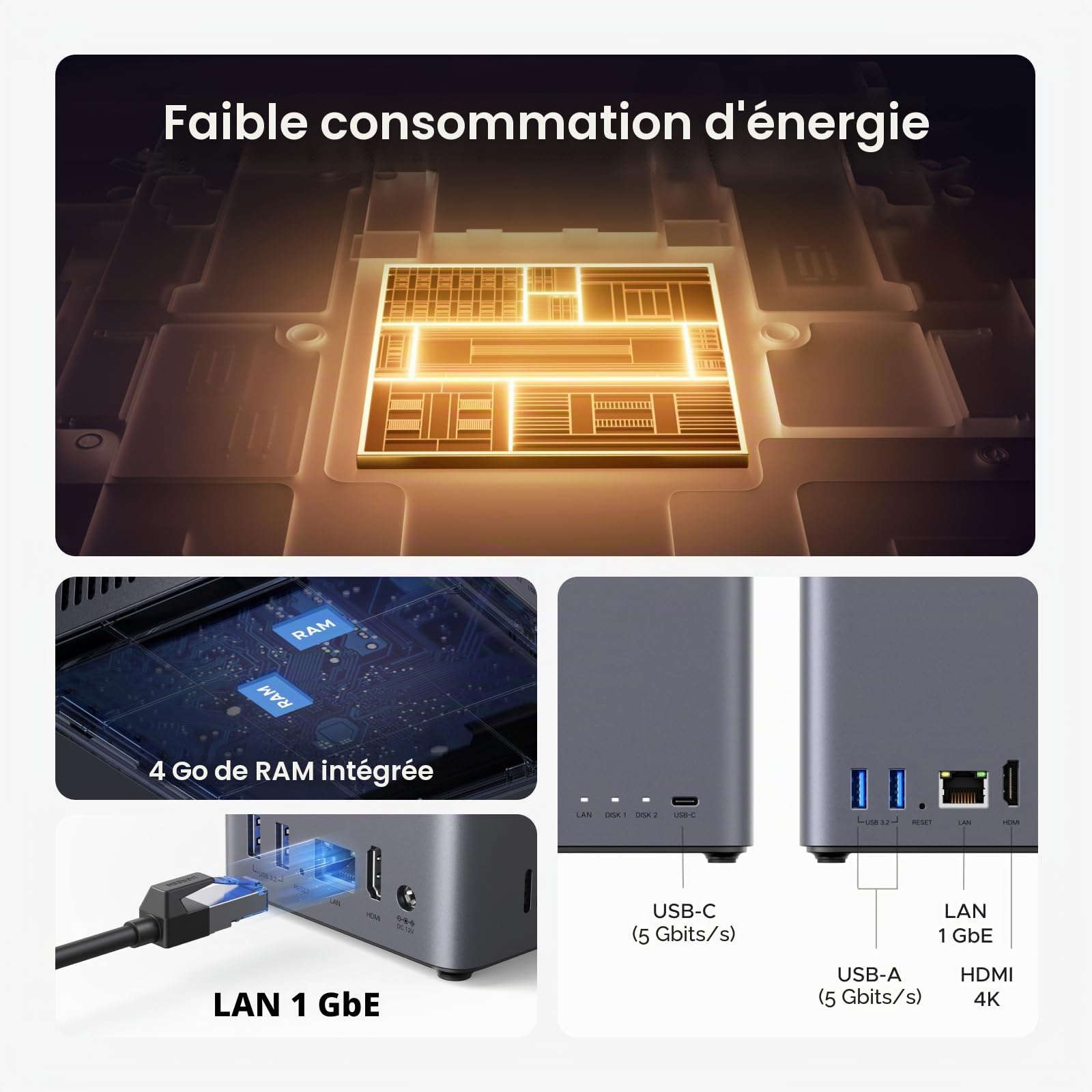 UGREEN NASync DH2300 NAS de bureau à 2 baies, 4 Go de RAM, album photo AI, accès à distance, système NAS convivial pour les débutants, serveur NAS avec LAN 1 GbE, stockage réseau pour la maison (sans