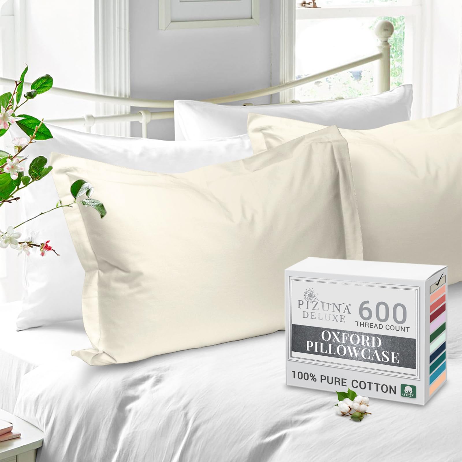 Pizuna Pure Cotton King Size Oxford Pillowcases 2 Pack Ivory 50x90cm, 600 Thread Count Long Staple Combed Cotton Crispy Soft Pillow Cover, Soft Sateen King Pillow Cases