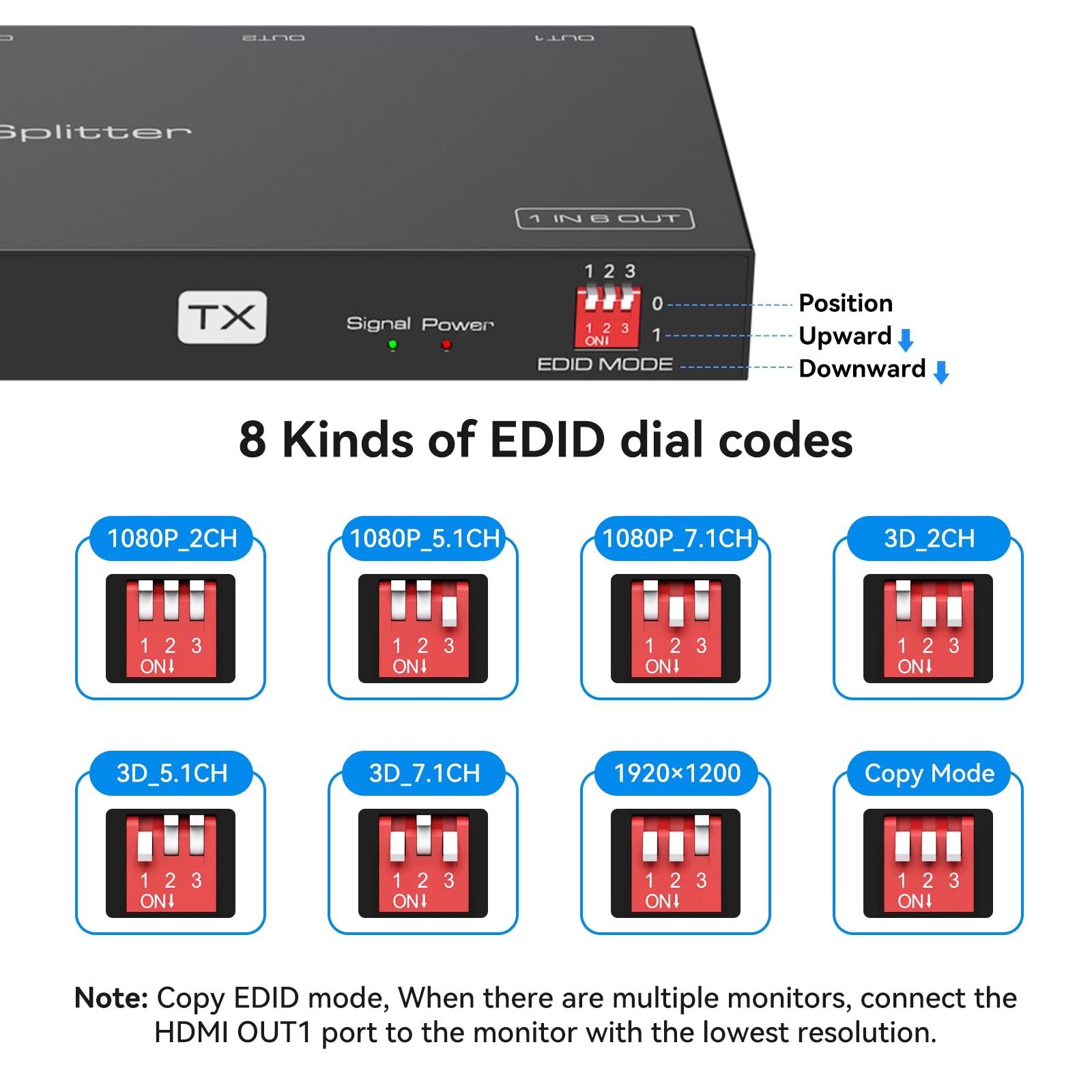 HDMI Splitter Extender 1 in 6 out hasta 50M 165FT a Través de Cat6/7 HDMI a Través de Ethernet con 2 Salidas Loop Soporta Gestión EDID 1080P60Hz POC