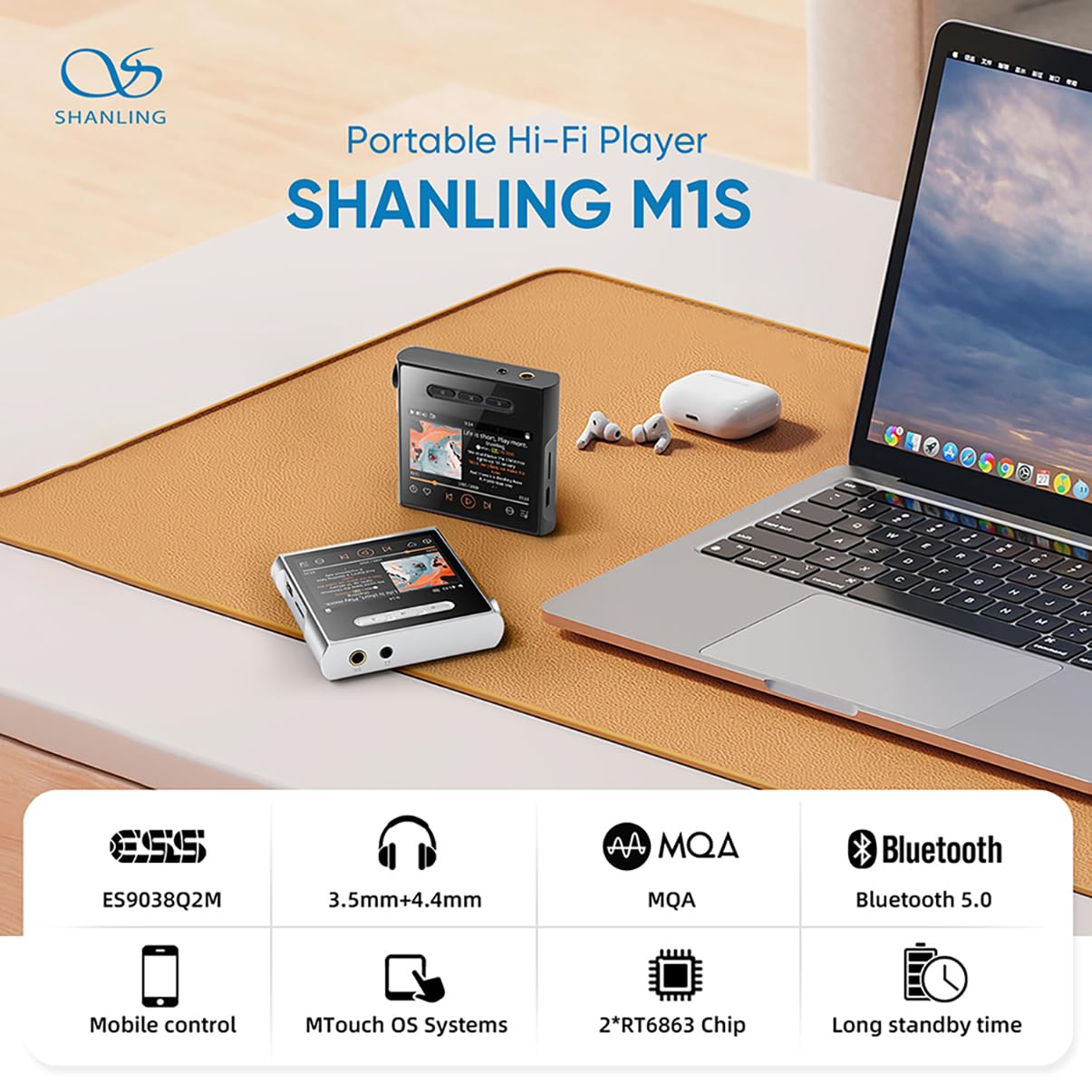 SHANLING M1s HIFI MP3 Odtwarzacz, Cyfrowy odtwarzacz Audio Bluetooth 5.0, ES903802M DSD512 PCM768kHz MQA Bezstratny Przenośny Odtwarzacz Muzyki USB, Wyjście 3,5 mm + 4,4 mm dla audiofilów, Czarny