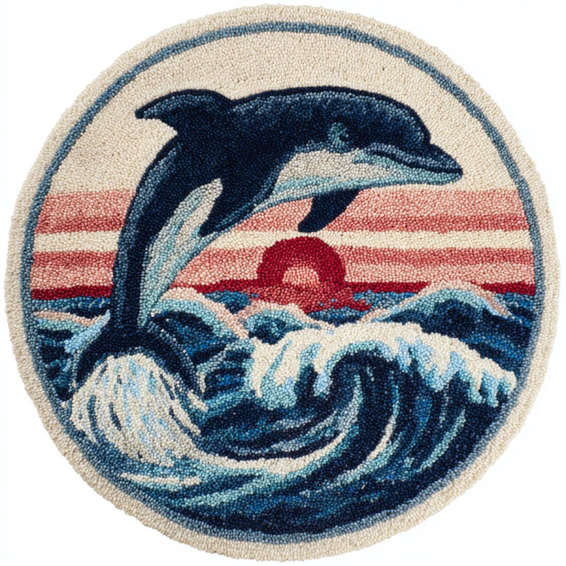 Rqwybcaxn DIY Latch Hook Rug Kit for Teens Animal Embroidery Kit Dolphins and Waves 80x80cm Round Tapestry with Crochet Hook Study Craft Gift