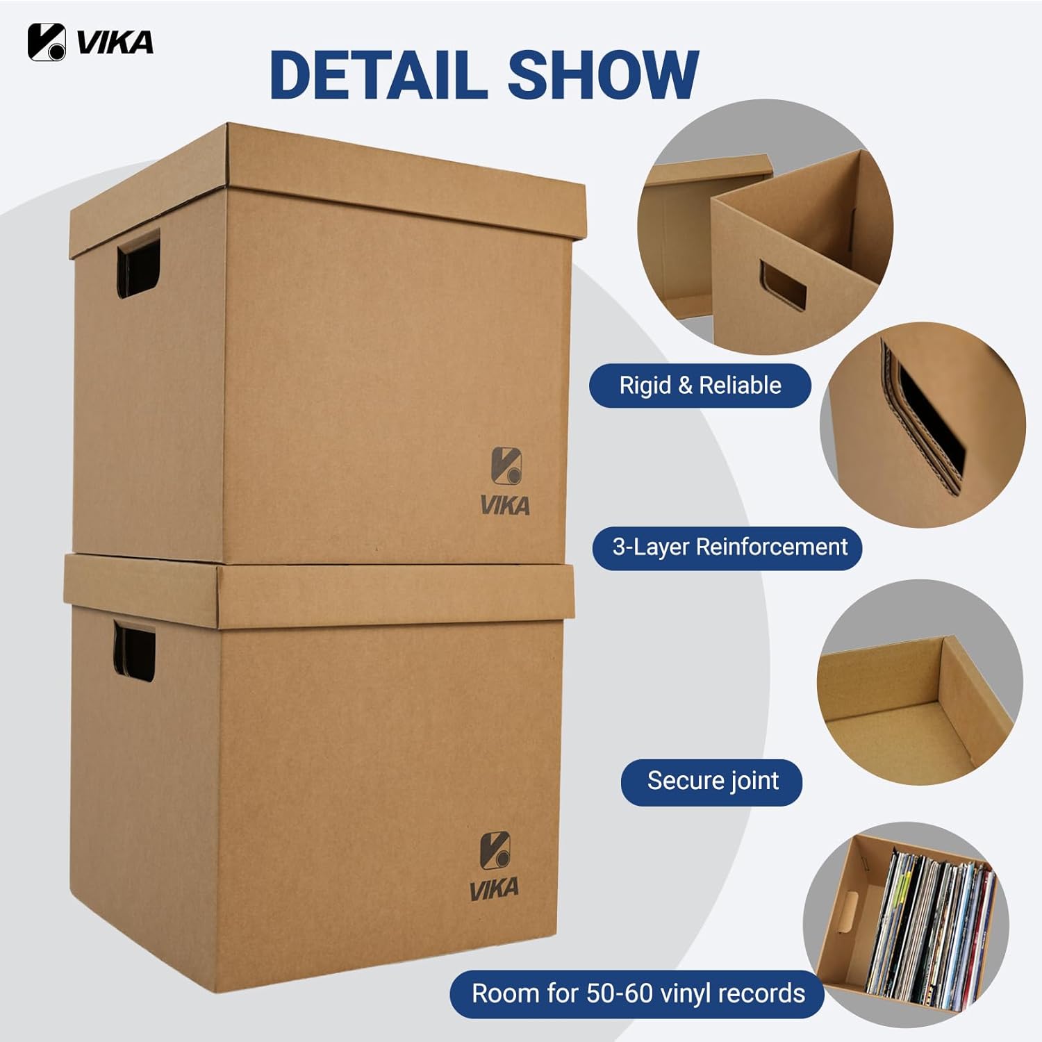 Vinyl Record Storage Box & Moving Box – Sturdy Cardboard with Removable Lids and Handles, Holds 60 Records/Laser Discs Each - Set of 4 Boxes (Kraft)