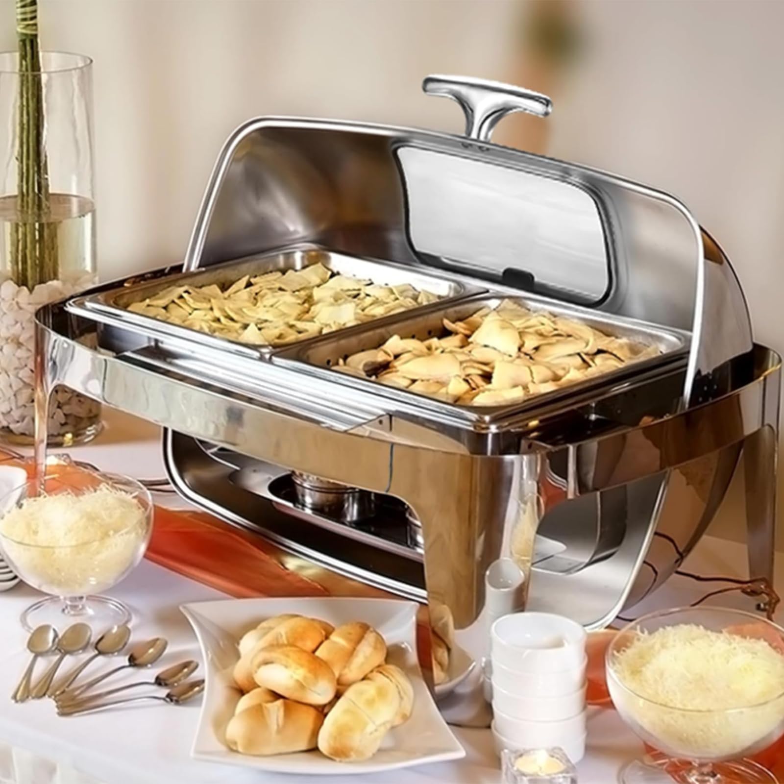 Garvee Chafing Dish Edelstahl Speisewärmer mit Roll-Top Deckel, 1/1 GN Behälter Buffetwärmer Set für Gastronomie & Catering, Warmhaltebehälter für Partys & Events, Rechteckig, Silber glänzend