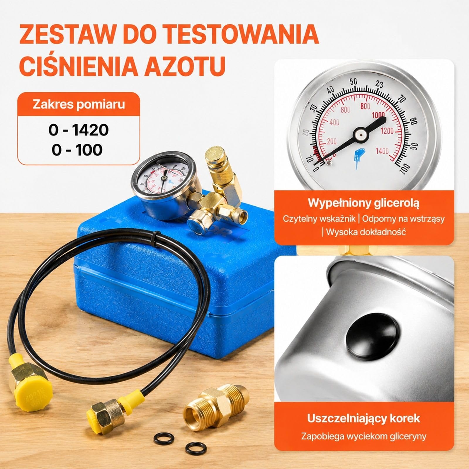 Zestaw do napełniania hydraulicznego akumulatora azotem, system testowania ciśnienia 0–1420 PSI z 1 manometrem, 1 wężem gazowym, 1 korpusem zaworu i 1 adapterem CGA580 do maszyn budowlanych