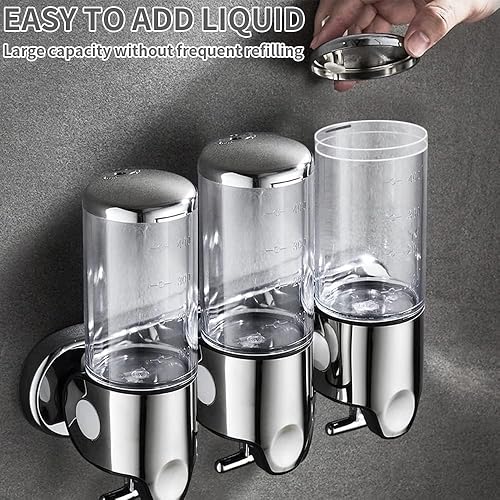 Miniatura 8 de Juego de dispensador de jabón de montaje en pared triple sin taladros de acero inoxidable para ducha y baño, 3 champús acondicionadores de 16.9 fl