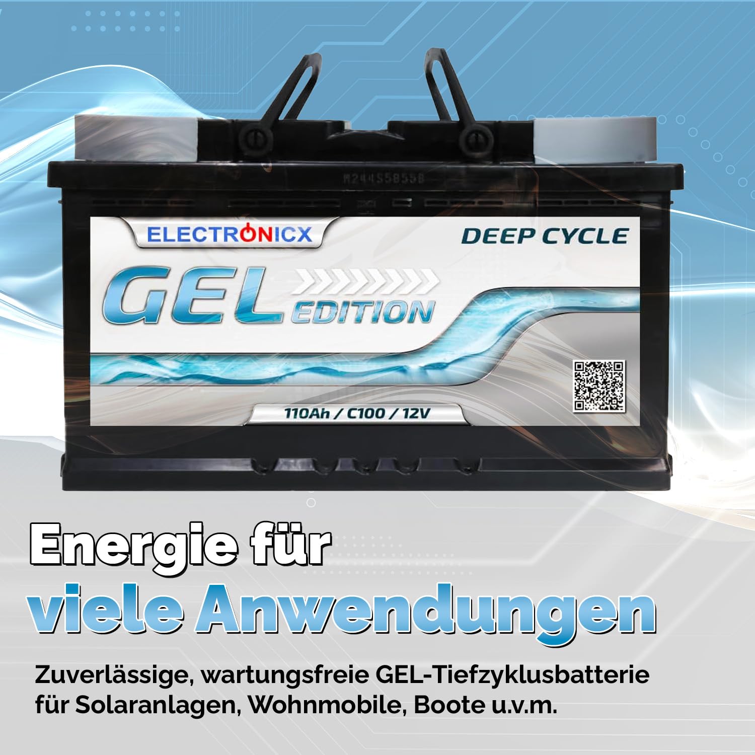 Electronicx GEL Versorgungsbatterie 12V 110Ah – 110 AH Deep Cycle Gel-Batterie für Wohnmobil, Van, Boot & Solaranlage. Maße: 315×175×190mm, gefüllt & geladen, wartungsfrei, rechts Pluspol