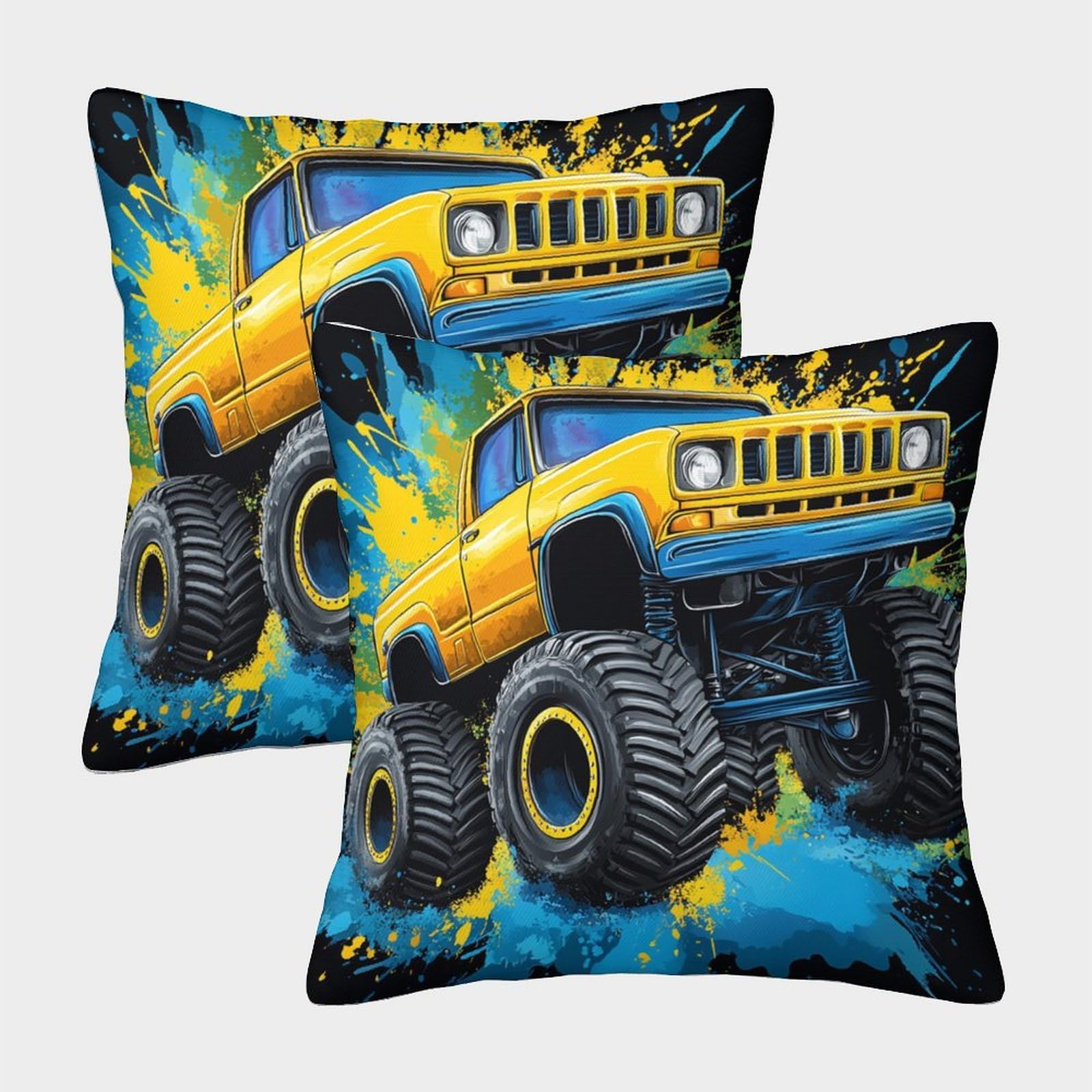 QFVANSIYO Graffiti Style 3D Printed Monster Truck Pillowcase Microfiber Bedroom Decor Racing Car Pillow Cover Breathable for Teens Adults Home 50x50cm