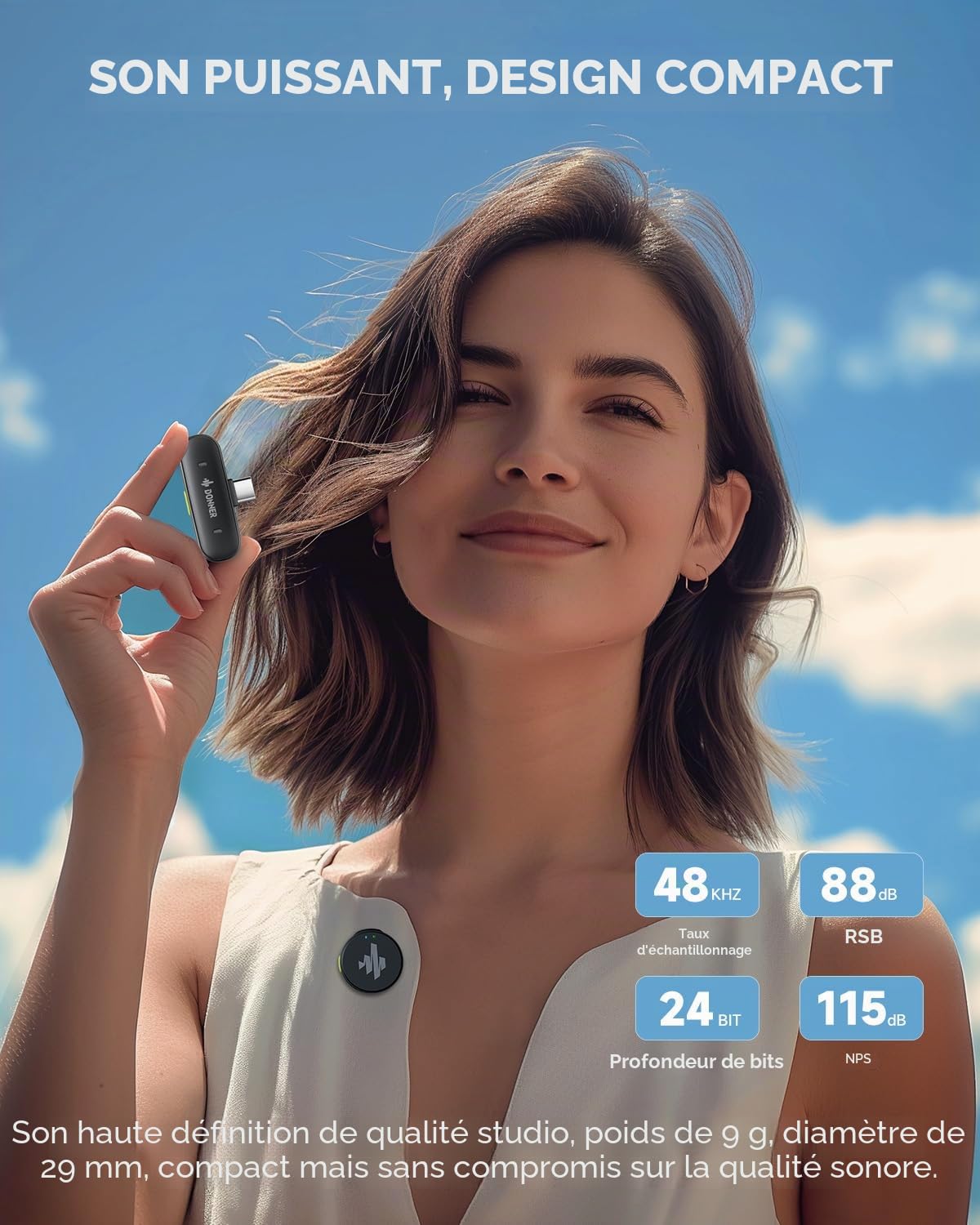 Donner VPM-20 Microphone Cravate sans Fil de Type C pour iPhone 15, Micro Cravate Plug-Play pour iOS et Android avec Suppression du Bruit, 305 m, 40 h, 48 kHz 24 Bits, Mini Micro Professionnel à