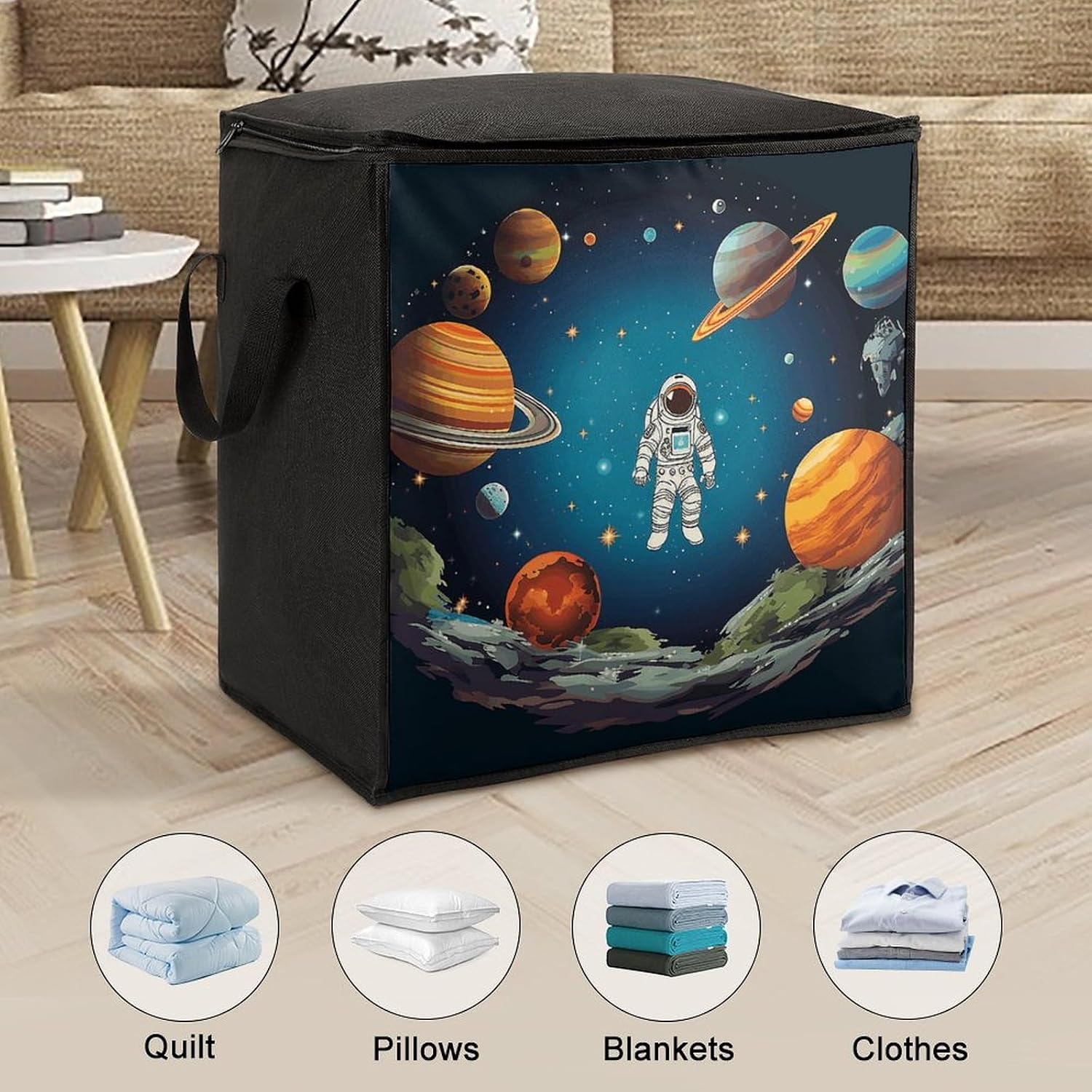 Outer Space Rocket Astronaut Storage Bag with Zippers And Handle Extra Large Bedding Comforter Storage Bag Foldable Blanket Storage Bags Fabric Moving Bags for Closet Organizer (70L)