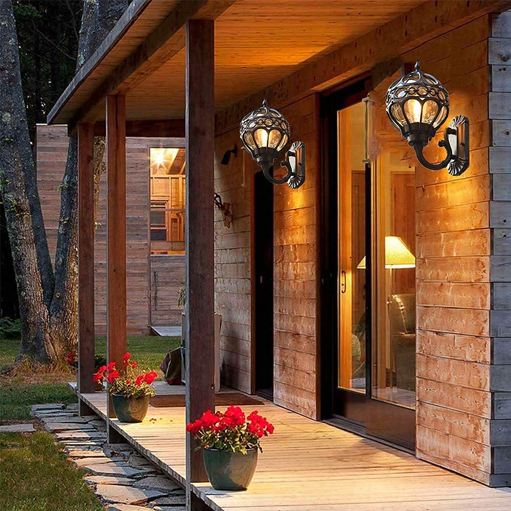 Mengjay Kinkiet zewnętrzny E27 IP44 lampy zewnętrzne kinkiety vintage kula design kinkiet z brązu wewnętrzne oświetlenie patio na zewnątrz dom ogrodowy tarasy wejściowe balkon lampa (Czarny-Duży)