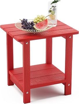 LUE BONA Outdoor Side Table, 2-Tier HDPS Small Patio Table, Bright Red