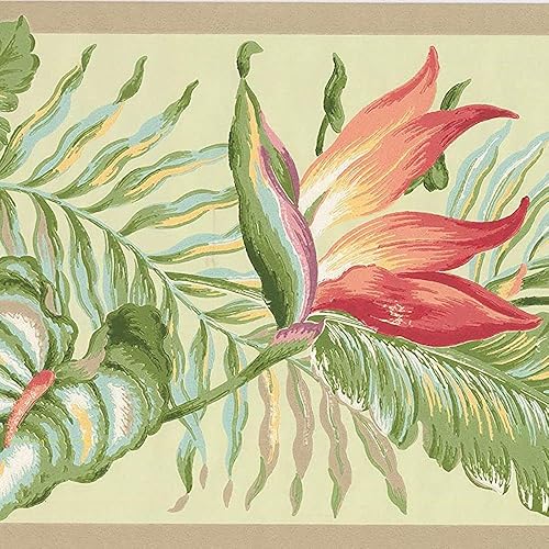 CONCORD WALLCOVERINGS  Papel Pintado Frontera Floral Patrón Flores Hojas Para Sala De Estar Cocina Comedor, VerdeAmarillo Rojo, 15 pies Por 10 in