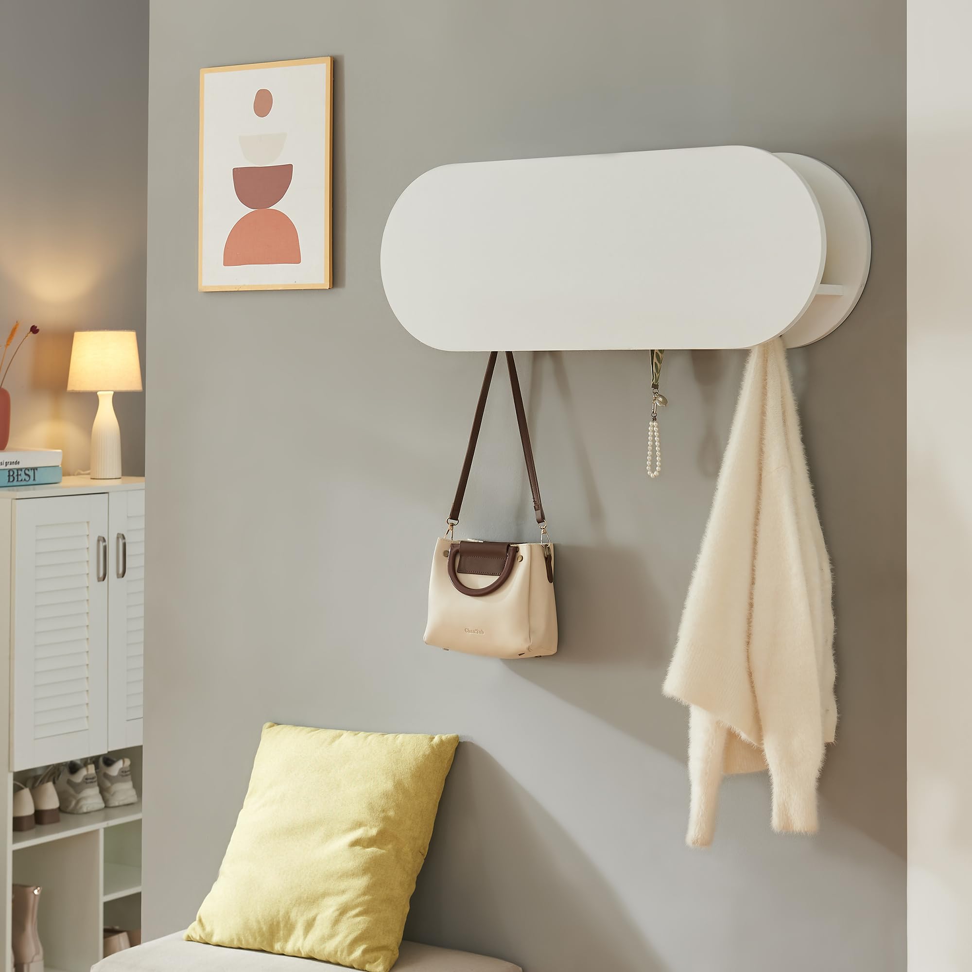 [en.casa] Appendiabiti da Parete con Scomparto Chiuso e Vani Aperti Mensola Attaccapanni a Muro con Anta a Ribalta e 6 Ganci per Borse Cappotti 80 x 16 x 30 cm - Bianco