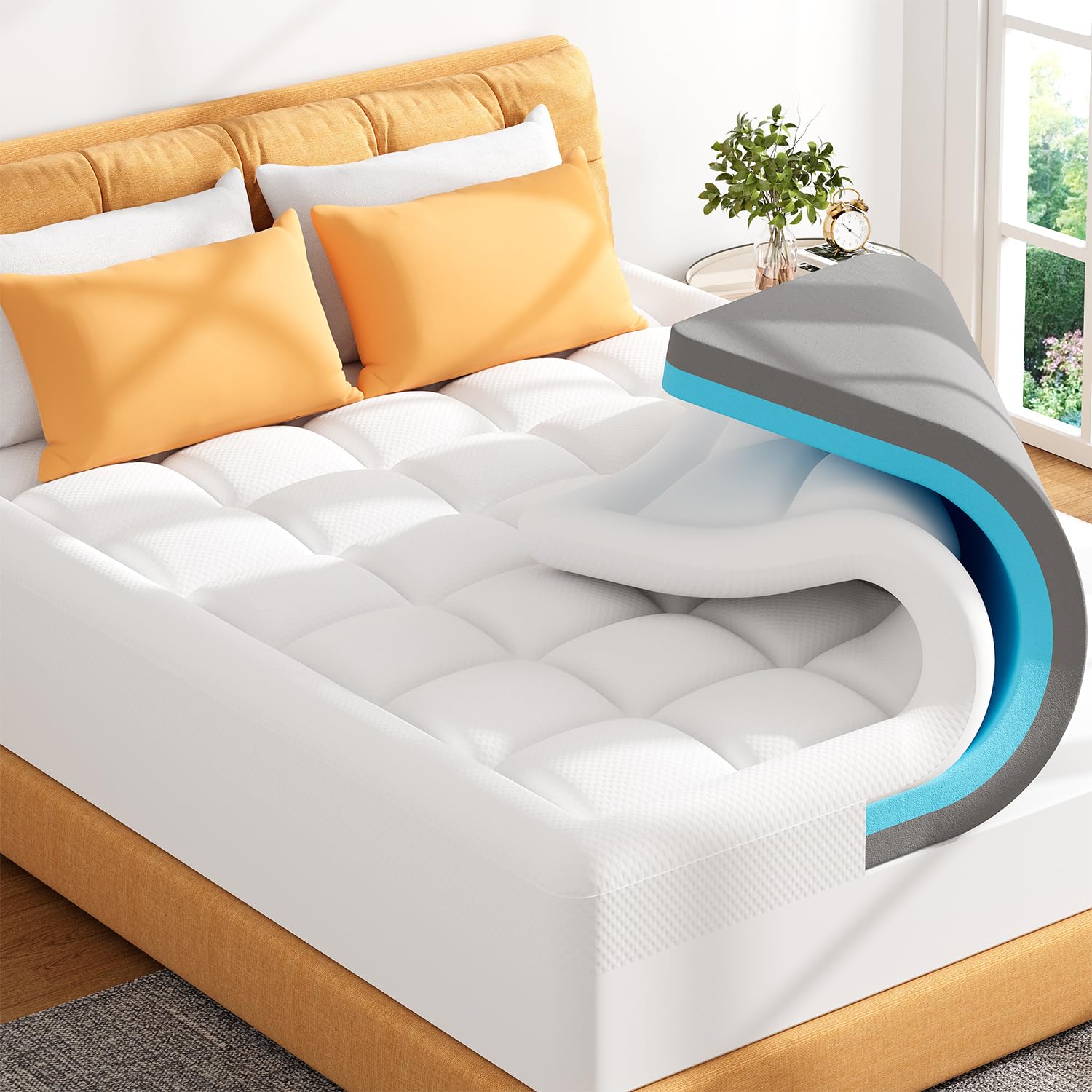 ELEMUSE 4inch Memory Foam Mattress Topper Kingsize Bed with Bamboo Pillow Top Cover, OEKO-...