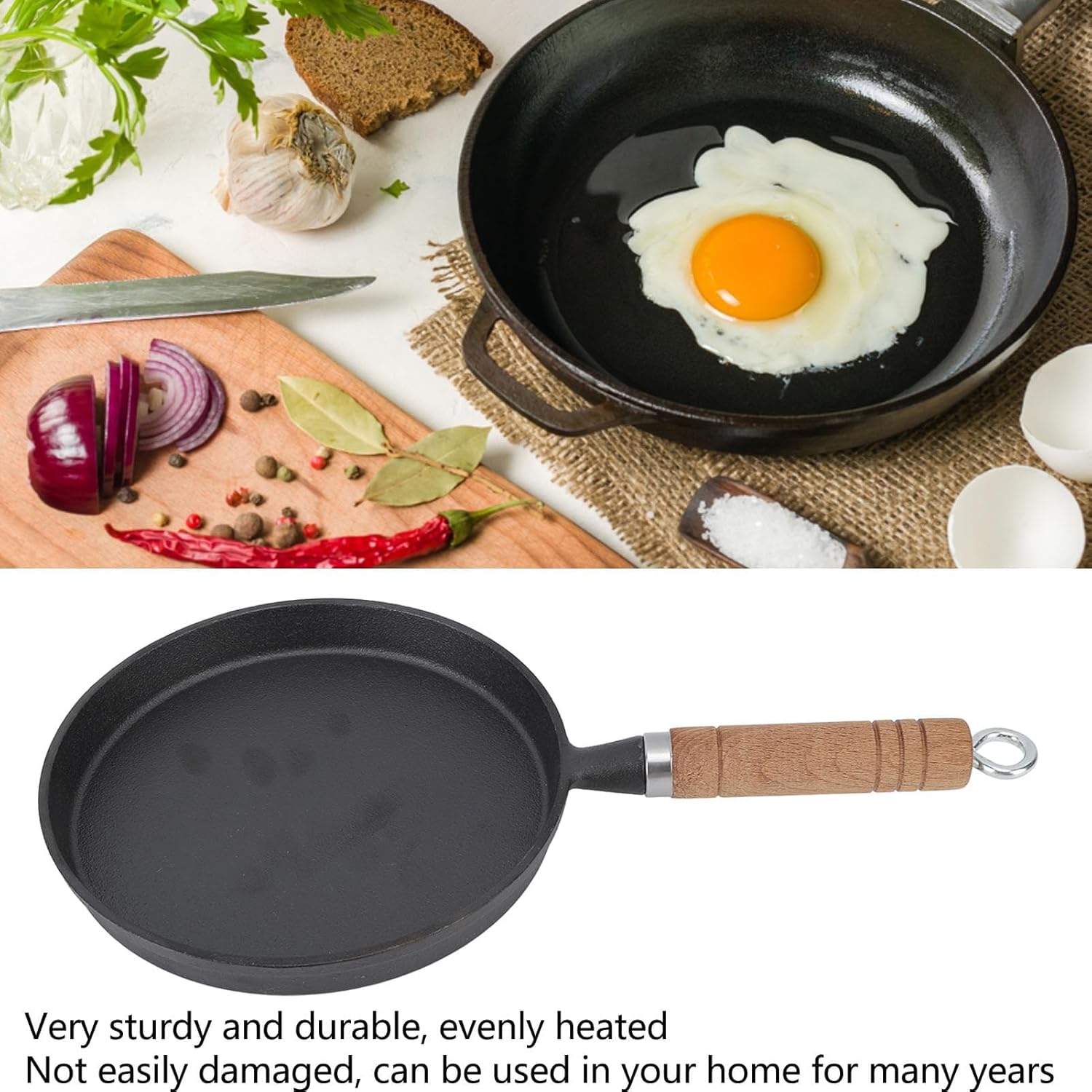 Nonstick Cast Iron Pan, 20cm Pre-Seasoned Cast Iron Skillet Black Kitchen Frying Pan with Wooden Handle for Indoor Outdoor Use