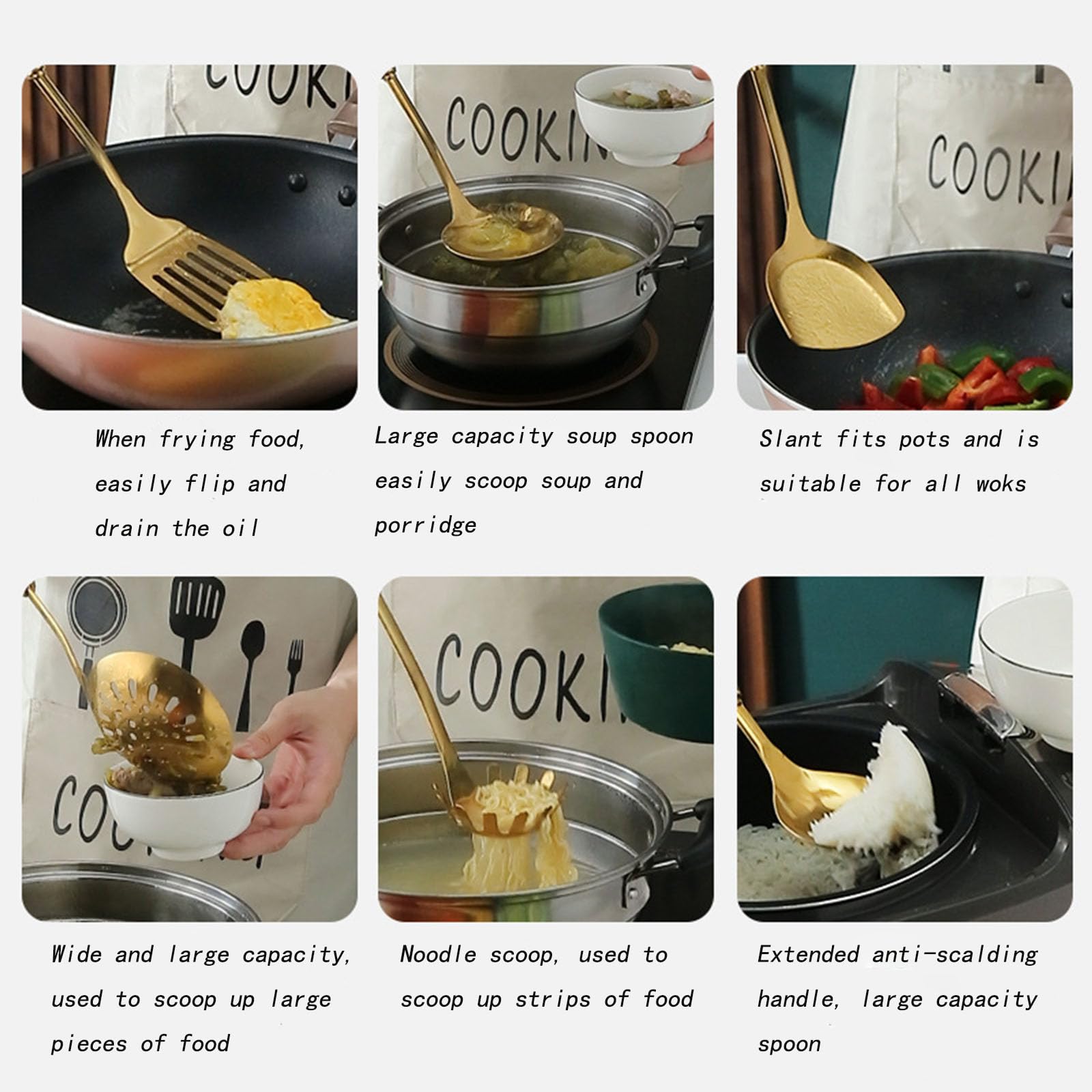 Set di Utensili Da Cucina, Set di Utensili Da Cucina Da 7 Pezzi, Set di Utensili Da Cucina in Acciaio Inossidabile Dorato con Portautensili, Include Spatola, Mestolo, Cucchiaio Per Pasta, Lavabile In