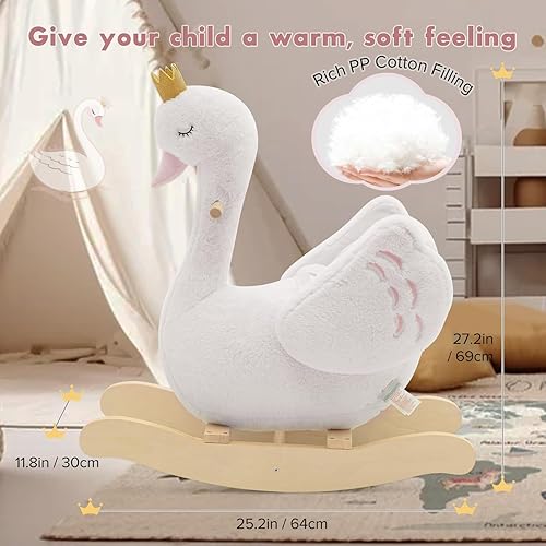 Miniatura 7 de labebe Caballo mecedor de cisne blanco para niños, animal de peluche en madera para niños de 6 meses, para niños y niñas/guardería, regalo