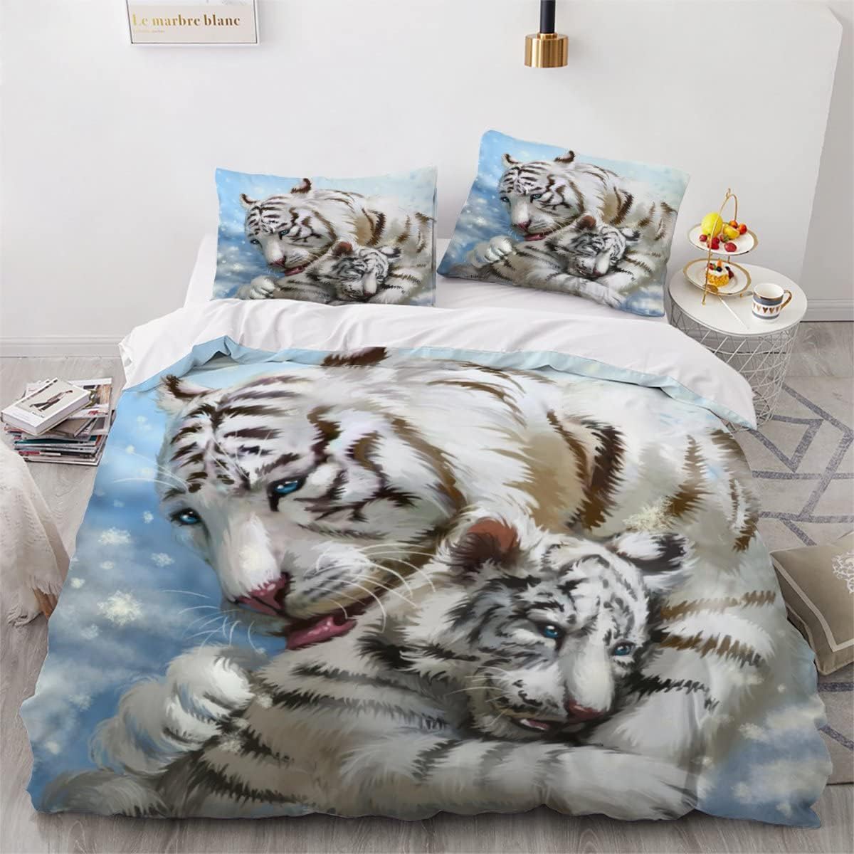 MEVASA Tiger Bedding Double Bed Set Microfiber Teenager Bedding Cute Cartoon Tiger 3D Bedding Set for Small Double 3Pcs Anti Allergic Double Duvet Cover Set with Zipper /200x200