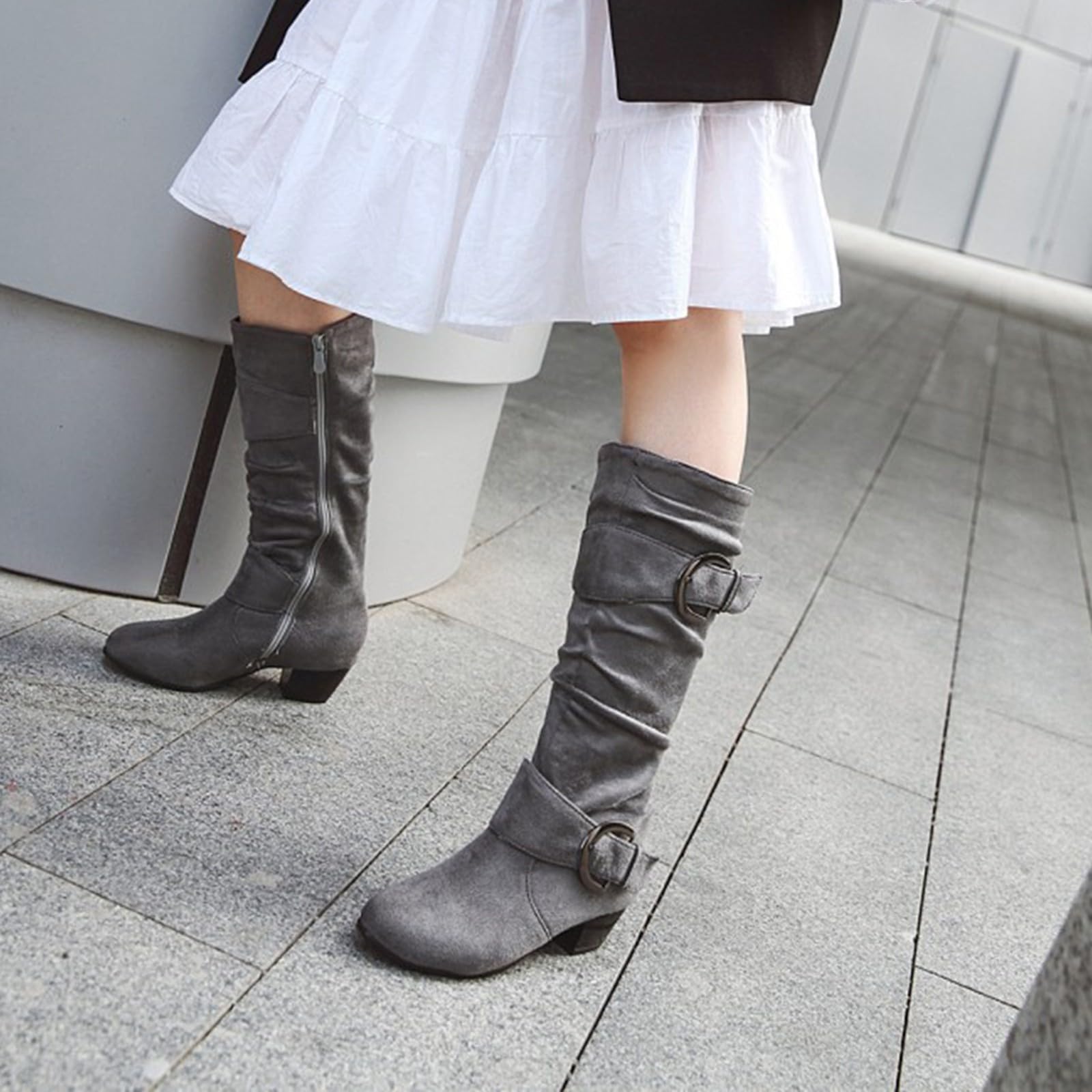 Botas de vaquero para mujer, de ante alto, hasta la rodilla, con tacón de bloque, botas largas con cremallera lateral, botas puntiagudas del oeste con hebilla, gris, 36 EU