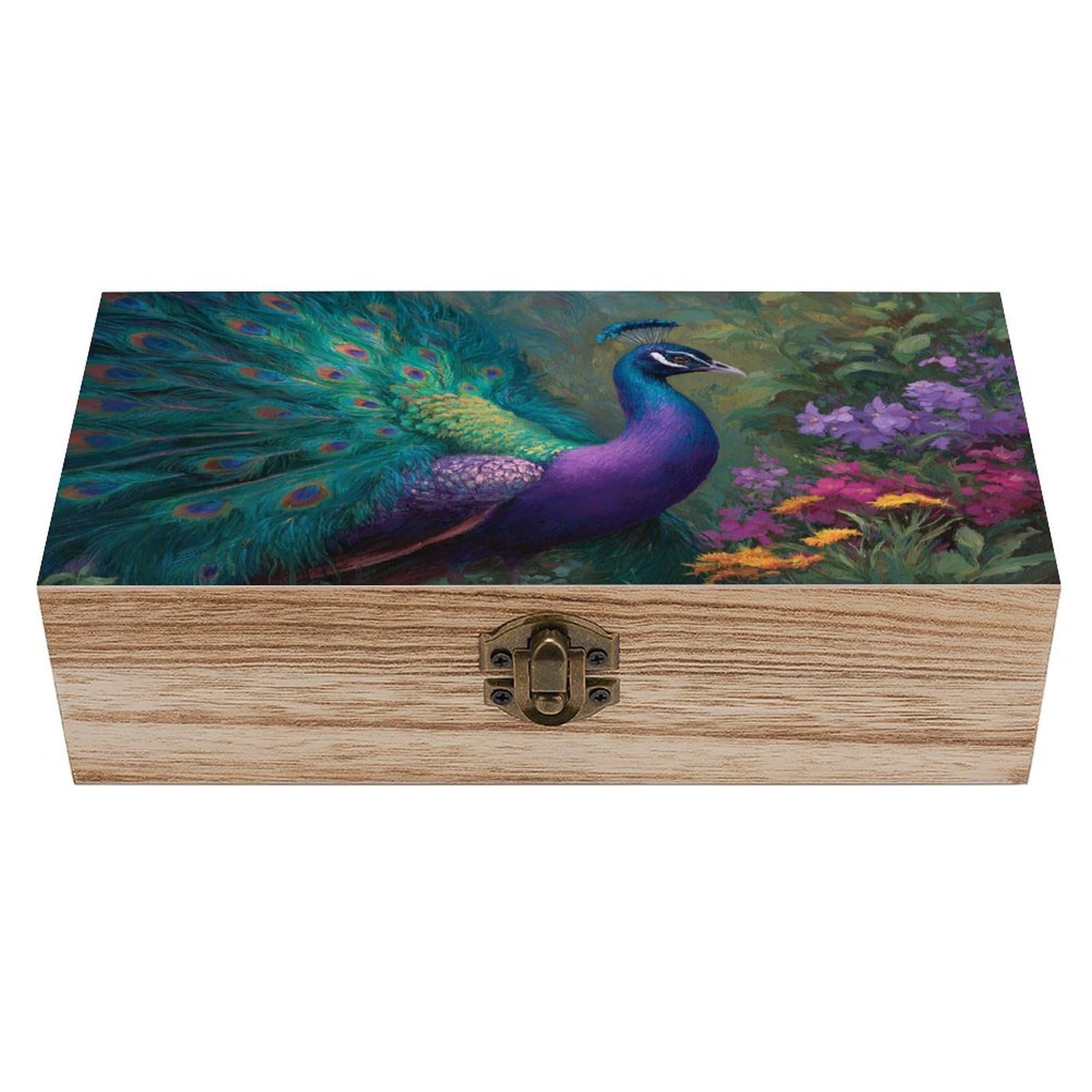 Ahdyr Majestic Peacock Wooden Storage Box with Hinged Lid And Front Clasp Large Keepsake Box