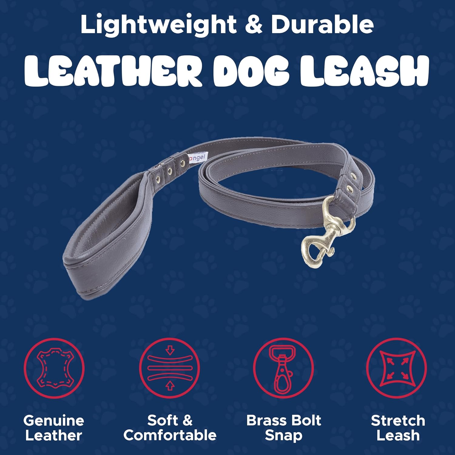 Angel Pet Supplies, Alpine Leash, 100% Genuine Leather, Brown, 72" x 3/4", Padded Handle, Brass Snap Hook, Double Ply, Soft and Durable, 6 Foot Leash