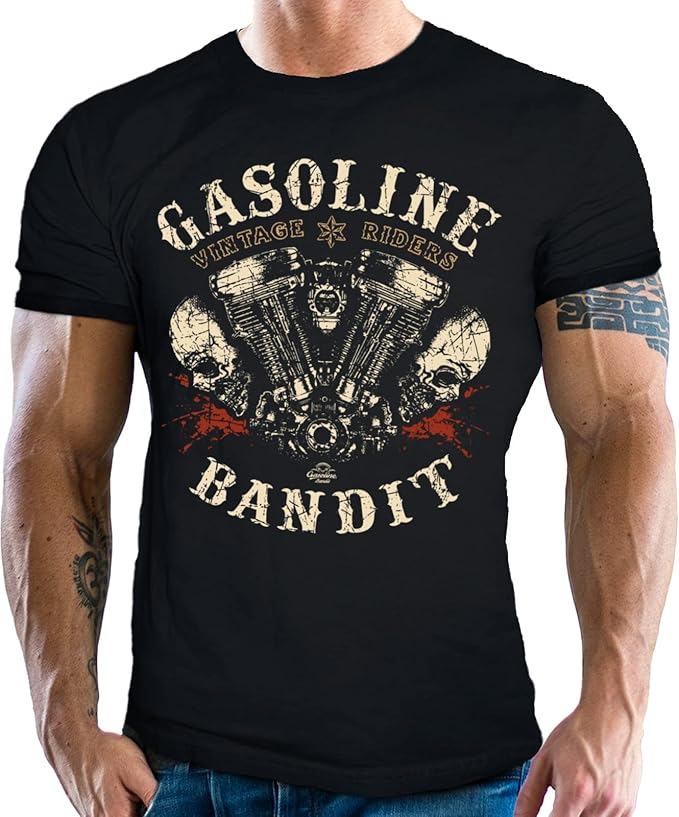 GASOLINE BANDIT Maglietta originale Biker Racer Rockabilly Hot-Rod Design: Old School Rock, Nero , M