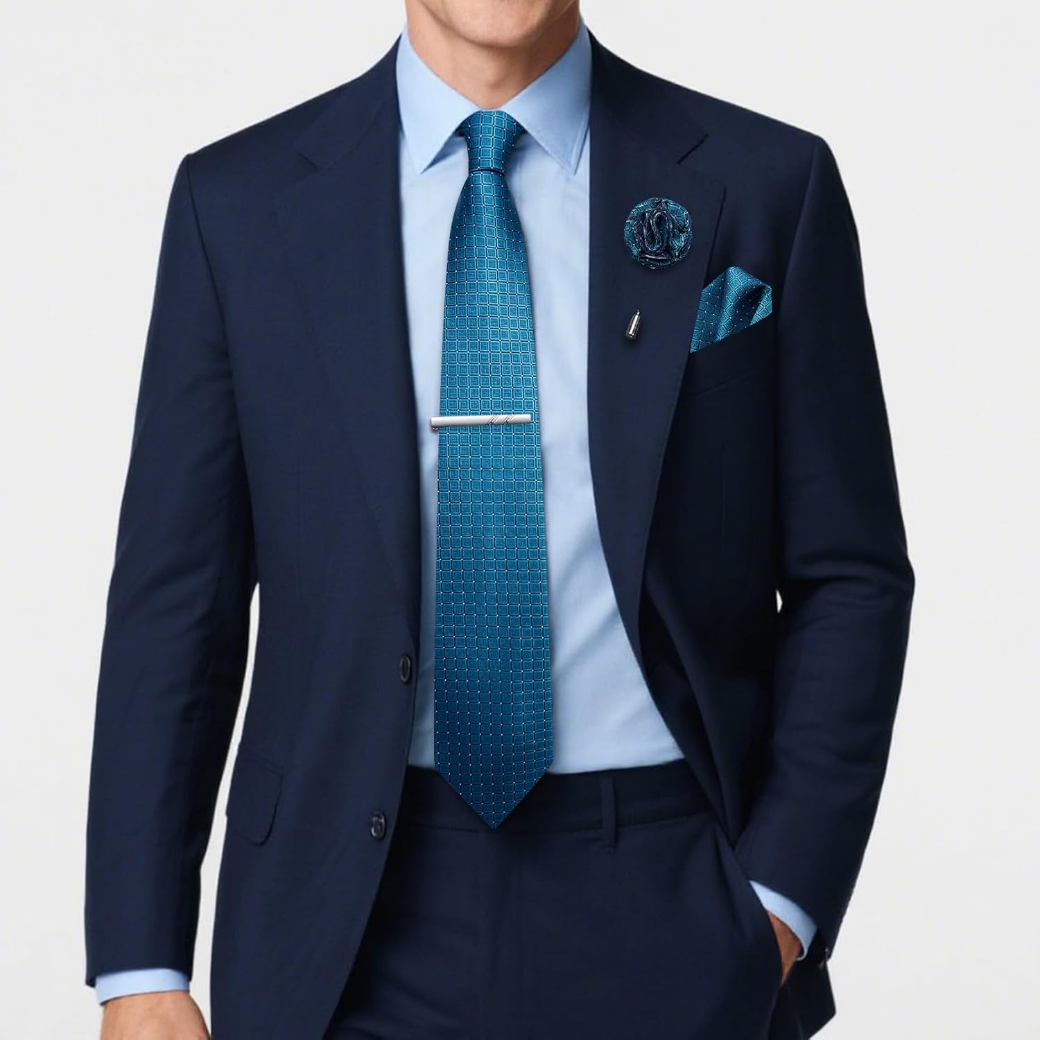 Solid Plaid Checkered Tie Set for Men Silk Necktie Pocket Square Handkerchief Cufflinks Lapel Pin Tie Clip 5PCS - Image 3