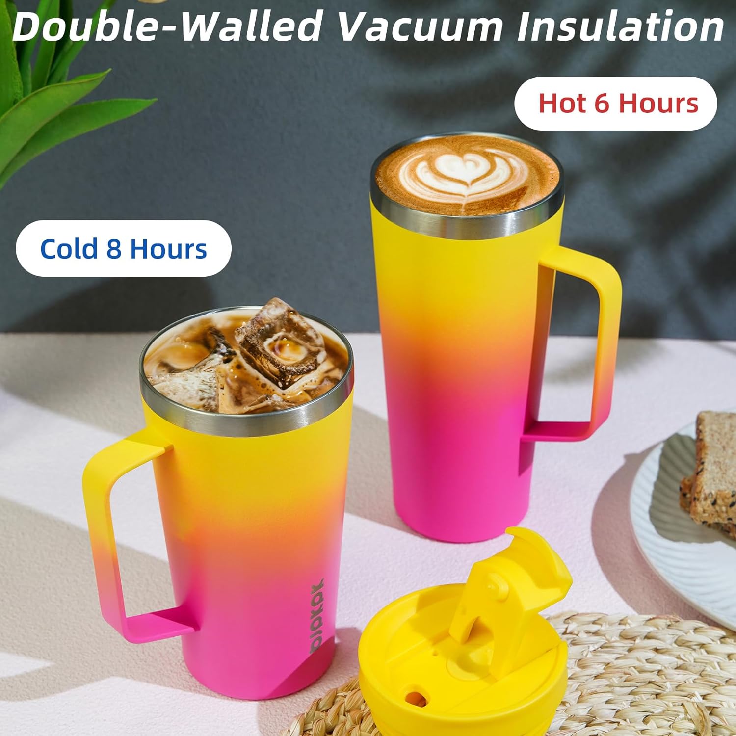 BJPKPK Insulated Tumbler with Handle, 30oz Insulated Tumblers with Lid and Straw, Stainless Steel Metal Water Bottles, Coffee Travel Mugs, Cups, Pink & Yellow Rose - Image 4