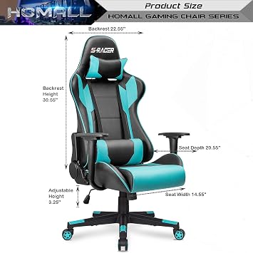 Homall Gaming Chair, Office Chair High Back Computer Chair Leather Desk Chair Racing Executive Ergonomic Adjustable Swivel Task Chair with Headrest and Lumbar Support(Cyan)