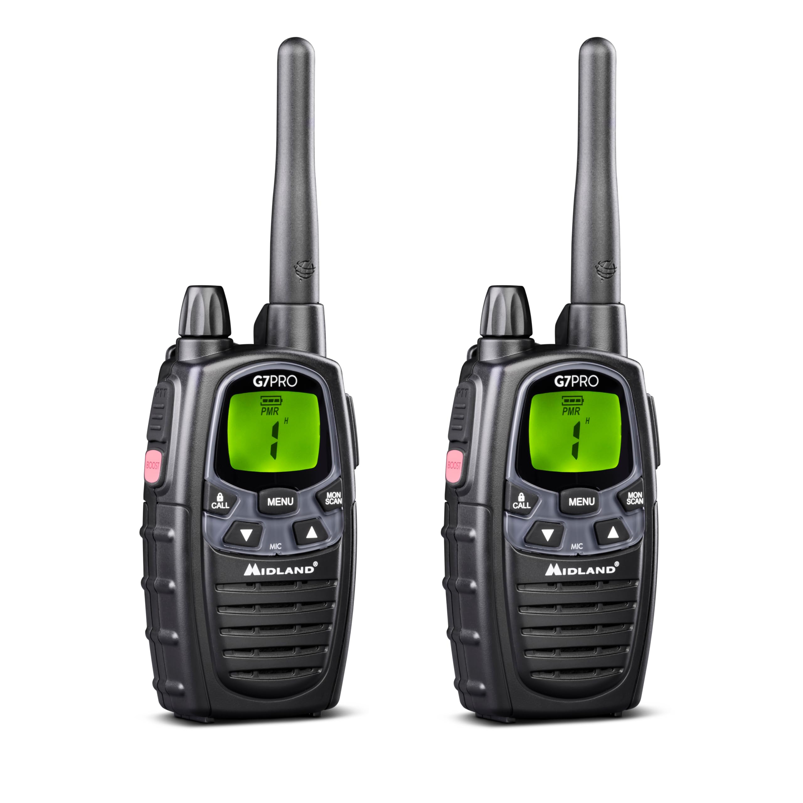 Midland - 2 G7 PRO Walkie Talkies, UKCA Certified Walkie Talkie for Airsoft & Outdoor, UK Plug, 2 Way Radio 85 Channels - 16 PMR446/69 LPD Licence-Free, 10Km Range, 18H Battery, Rechargeable Batteries