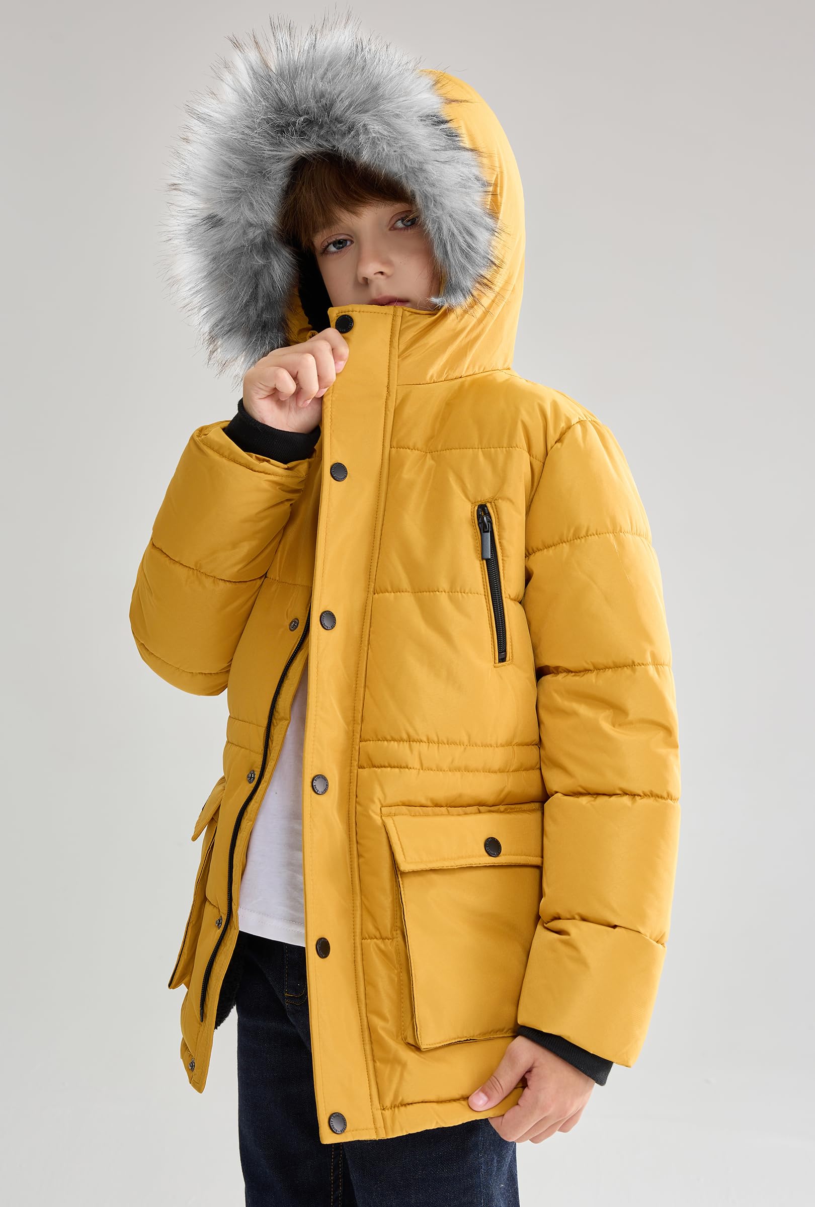 maoo garden Abrigo de Invierno Acolchado para Niños, Chaqueta con Capucha de Piel Forrada de Sherpa de Peso Pesado para Niños Grandes, Parka de Nieve Resistente al Agua