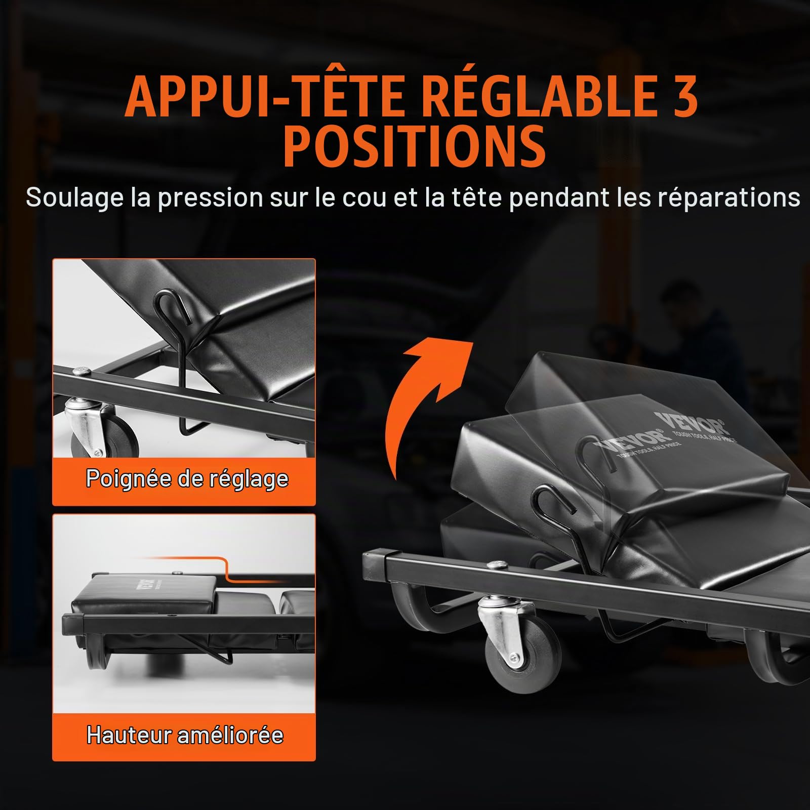 VEVOR Chariot de Visite 102,5 cm, Chariot de Mécanicien Charge 136,1 kg, Cadre en Acier, avec 6 roulettes, Appui-tête Rembourré Réglable, Profil Bas, pour Garage, Atelier, Réparation Automobile