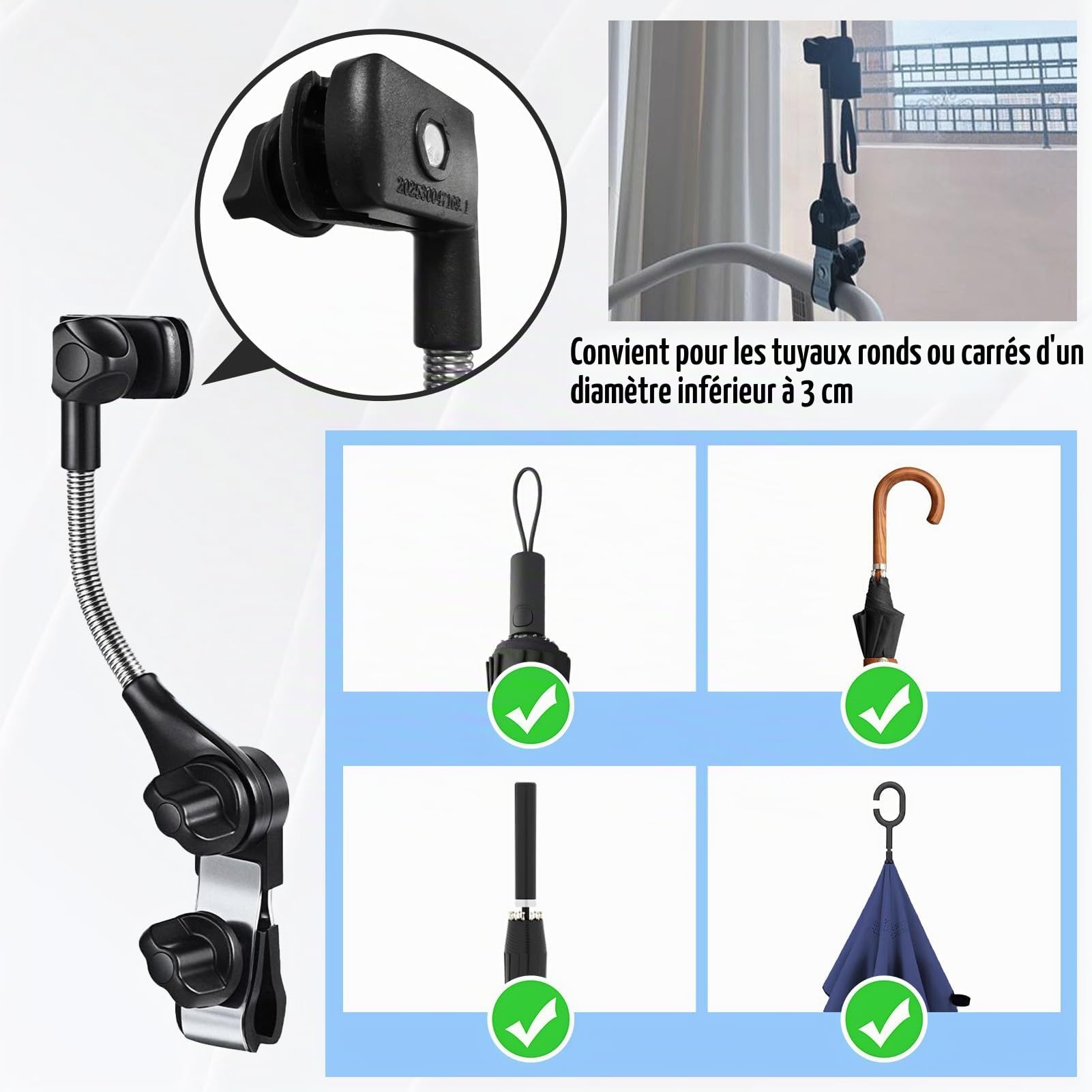 Porte-Parapluie Poussette, Réglable Support de Parapluie de Vélo, Facile à Installer Pince Universelle Réglable à 360 Degrés pour Chariot de Golf, Fauteuil Roulant, Fauteuil Roulant, Chaise de Plage