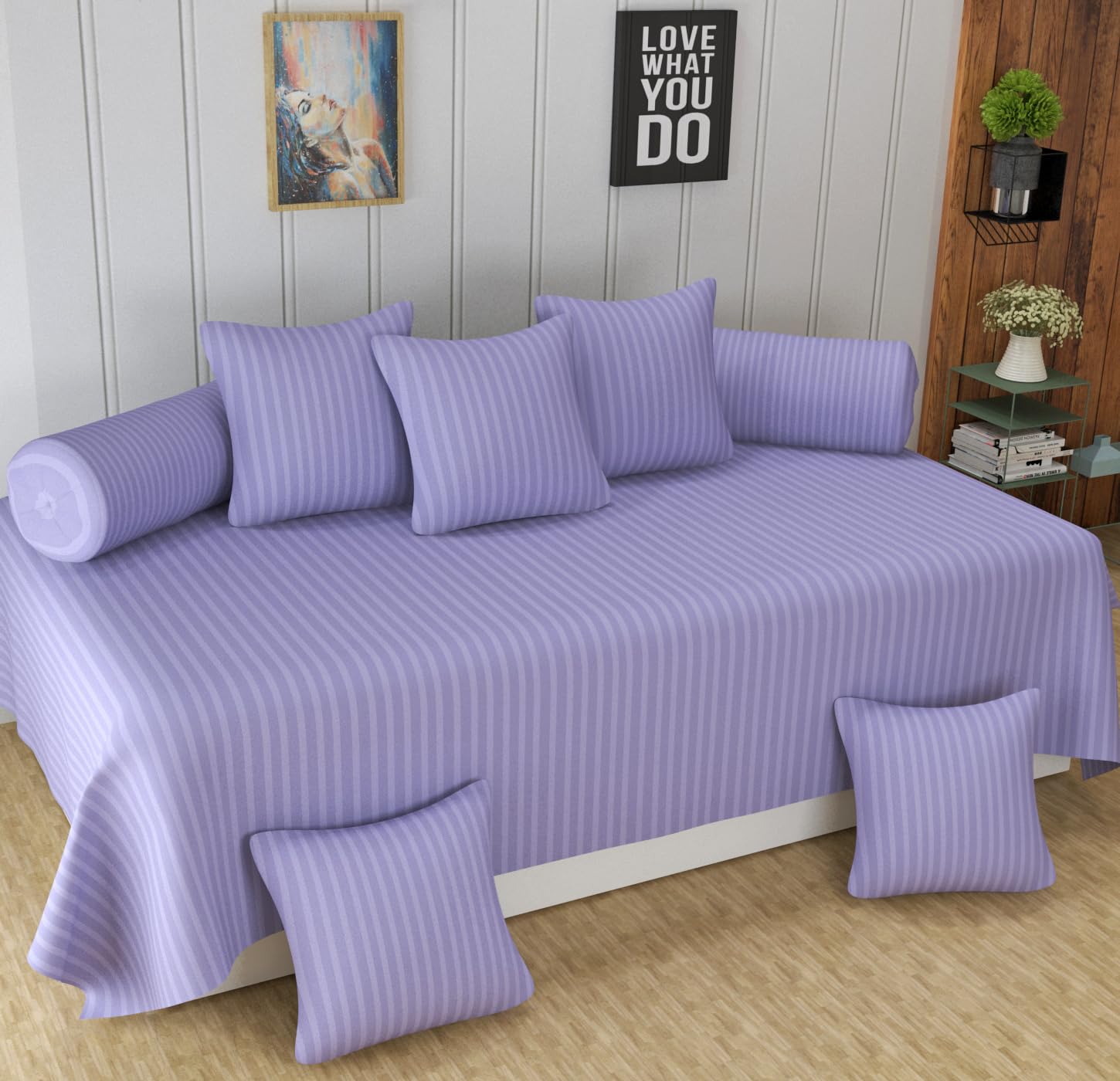 Homefab India 160 TC Stripe Glace Cotton Diwan Set - 8 Piece - Purple