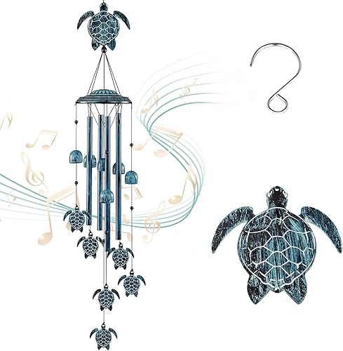 LESES Campanillas de viento de tortuga marina para exteriores con 4 tubos de aluminio, campanillas de viento para exteriores, decoración de hogar,