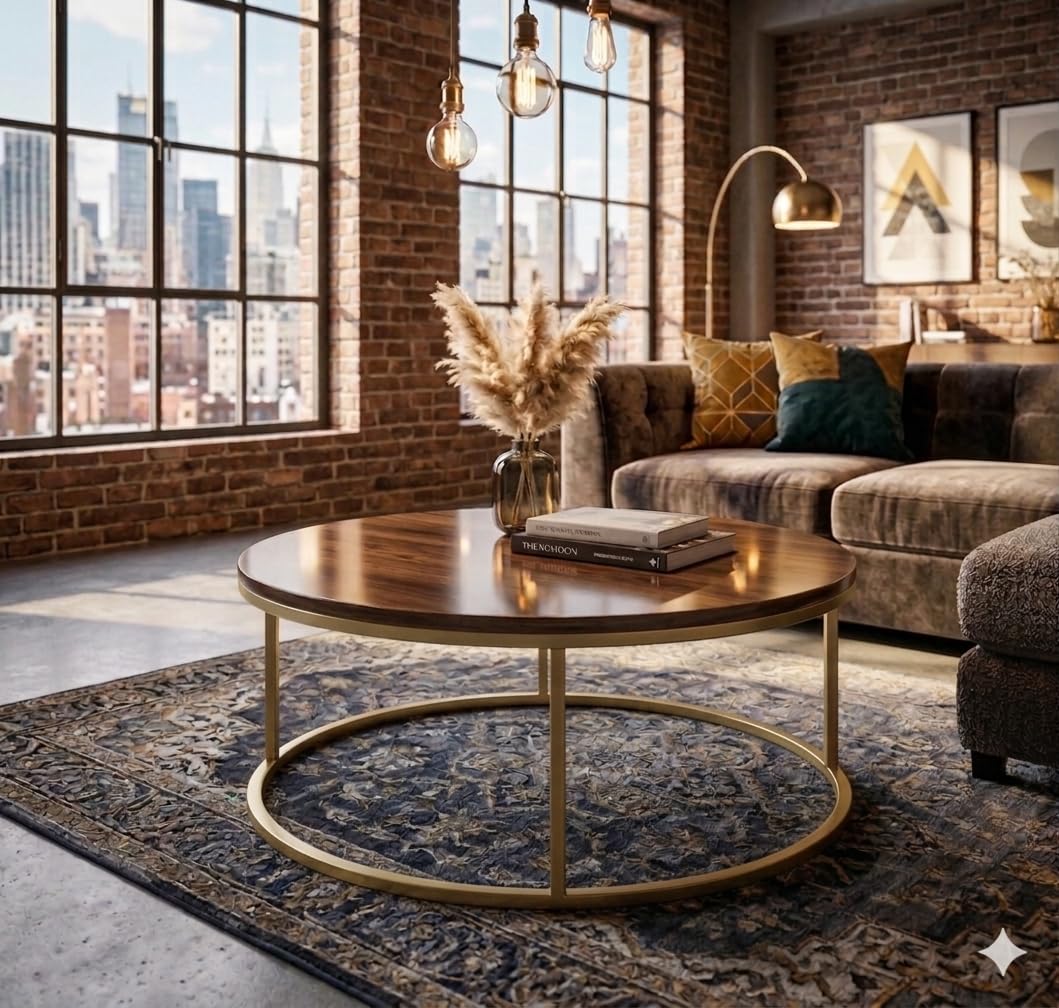 Modern Round Coffee Table with Black Marble Finish & Industrial Metal Frame, Modern Luxury Elegant Center Table for Living Room Office, Cocktail Table Décor (Golden Brown)-image-0