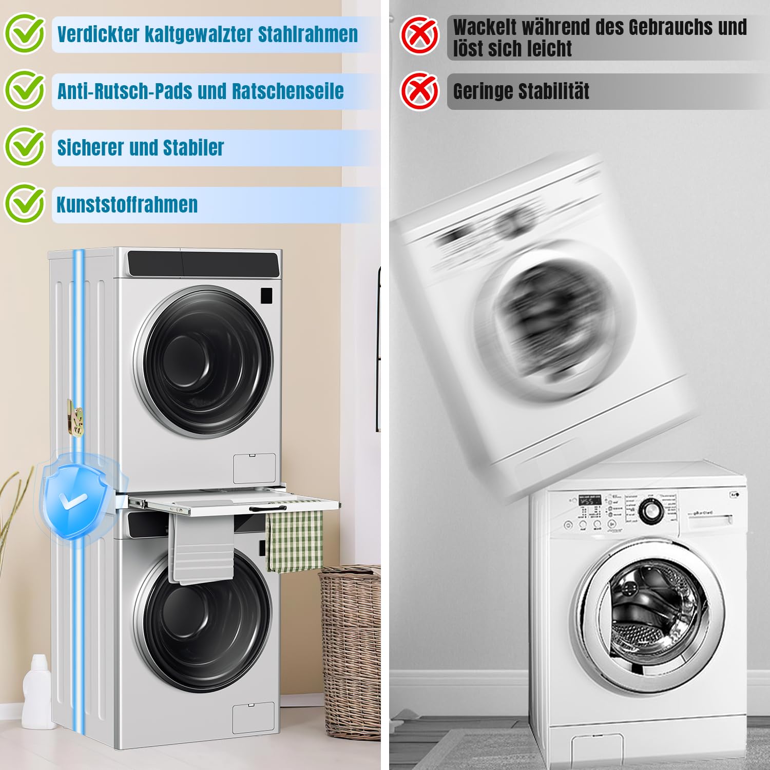 Fiqops Marco intermedio con placa extraíble, marco de conexión para lavadora y secadora con cuerda de trinquete, marco de conexión universal para lavadora con estante
