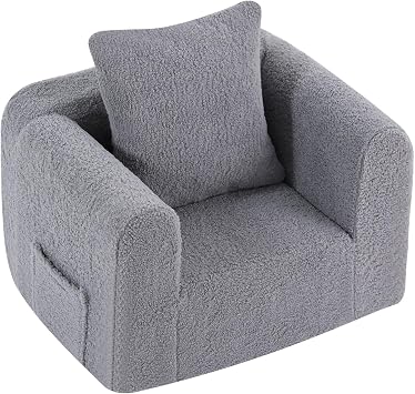 Welnow Kids Sofa with Pillow, Cozy Toddler Chair Soft Foam Seat for Reading, Childrens Couch with Armrest Lightweight Comfy Kids Furniture for Bedroom, Playroom for Boys and Girls, Sherpa Grey