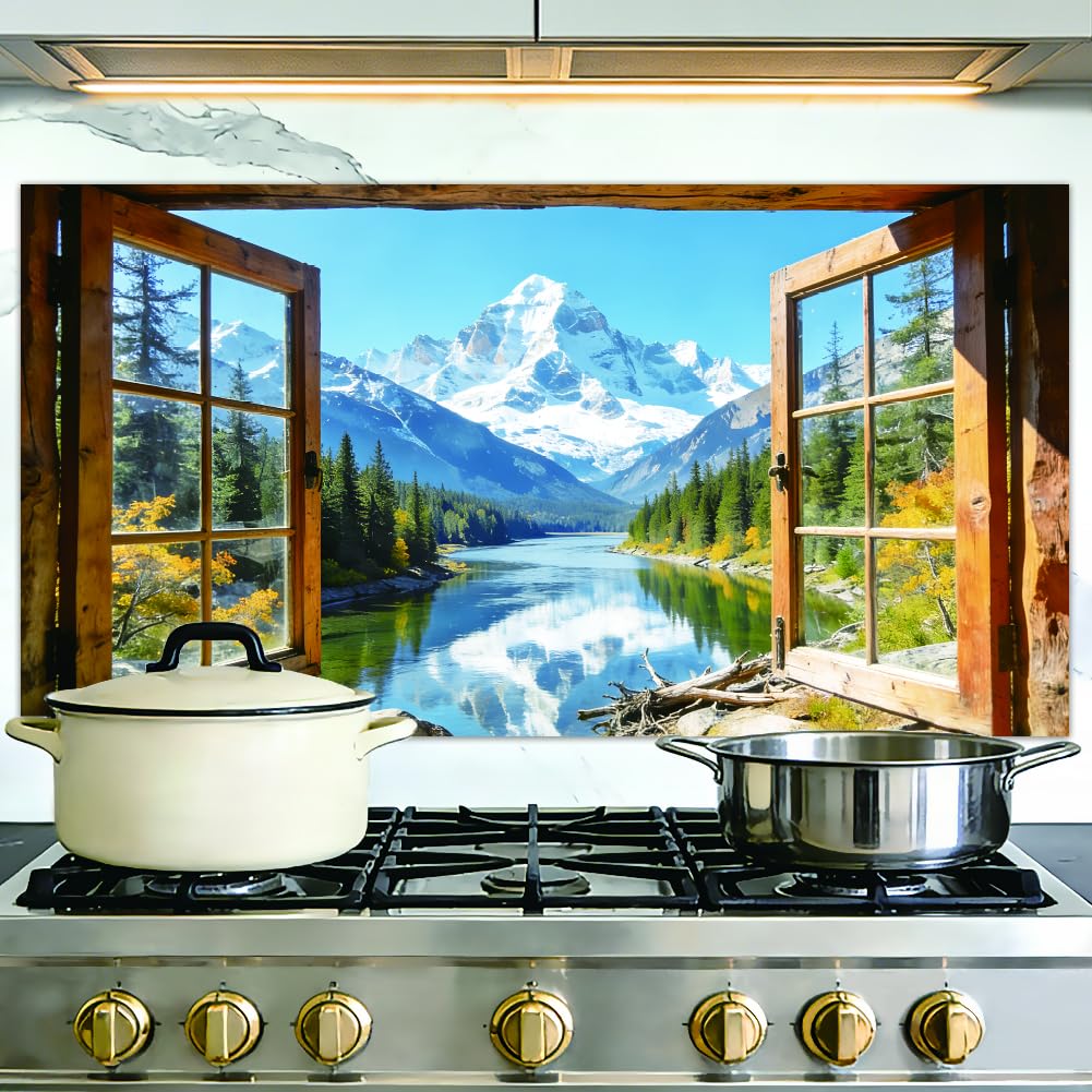 BEUNITONE 1 Piece Kitchen Splashback, Mountain View Window Peel and Stick Wall Mural, Wall Protector Removable Without Damaging the Wall, Cooker Backsplash for Apartment Kitchen Decor