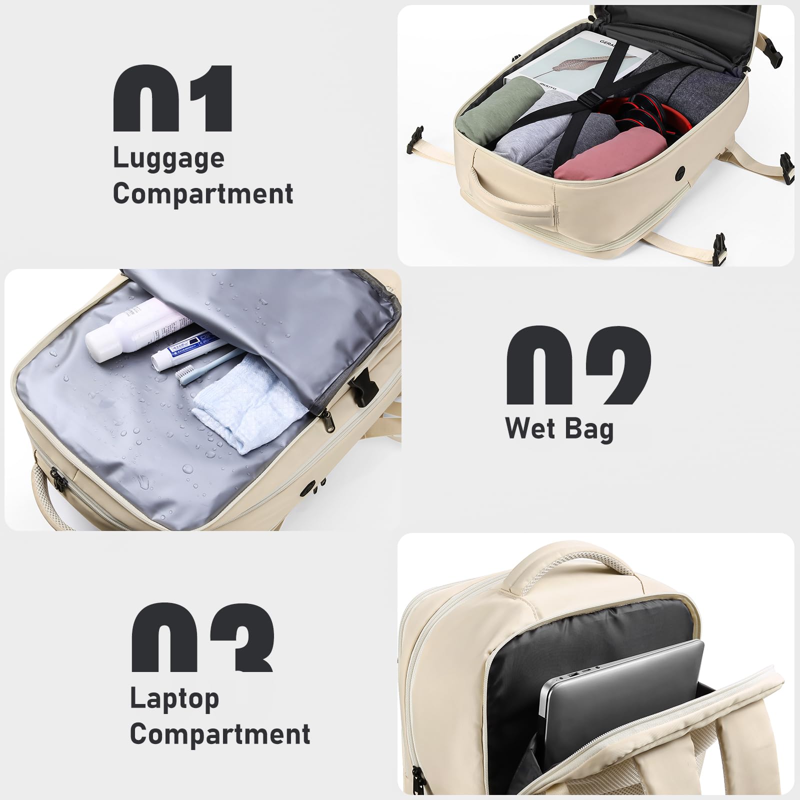 HOMIEE Zaino da Viaggio Aereo Bagaglio a Mano 45x36x20 Zaino Porta PC 15,6 Pollici con Scomparto per Scarpe e Porta USB Impermeabile Zaino Scuola College Affari Lavoro Sportivo (Bianco)