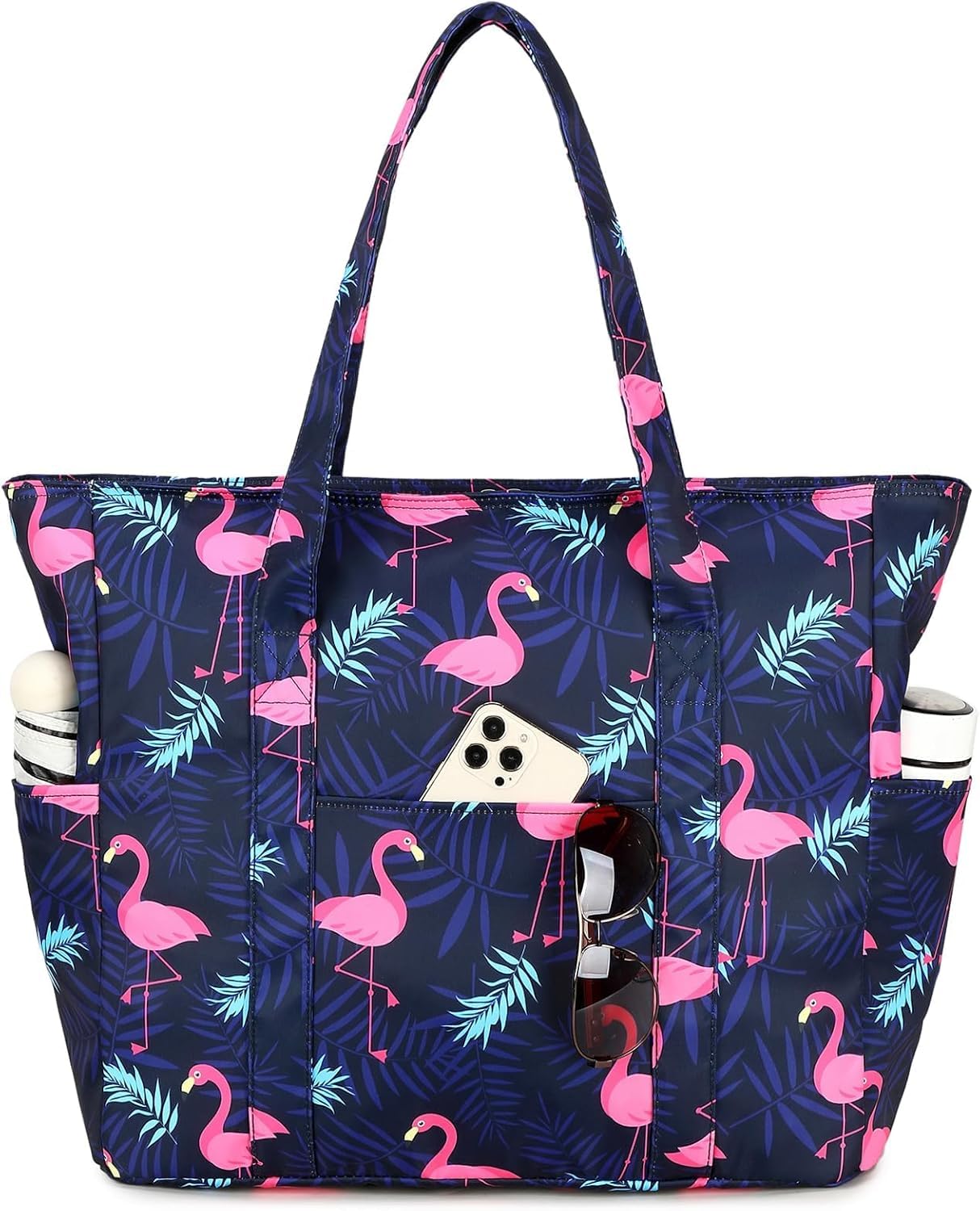 Cery Teacher Tote Bag for Women Office Work Multipurpose Shoulder Bag with Zipper Pocket Teacher Travel Grocery Beach Hobo Waterproof Sandproof Lightweight Pool Bag (Flamingo-Black)-image-7